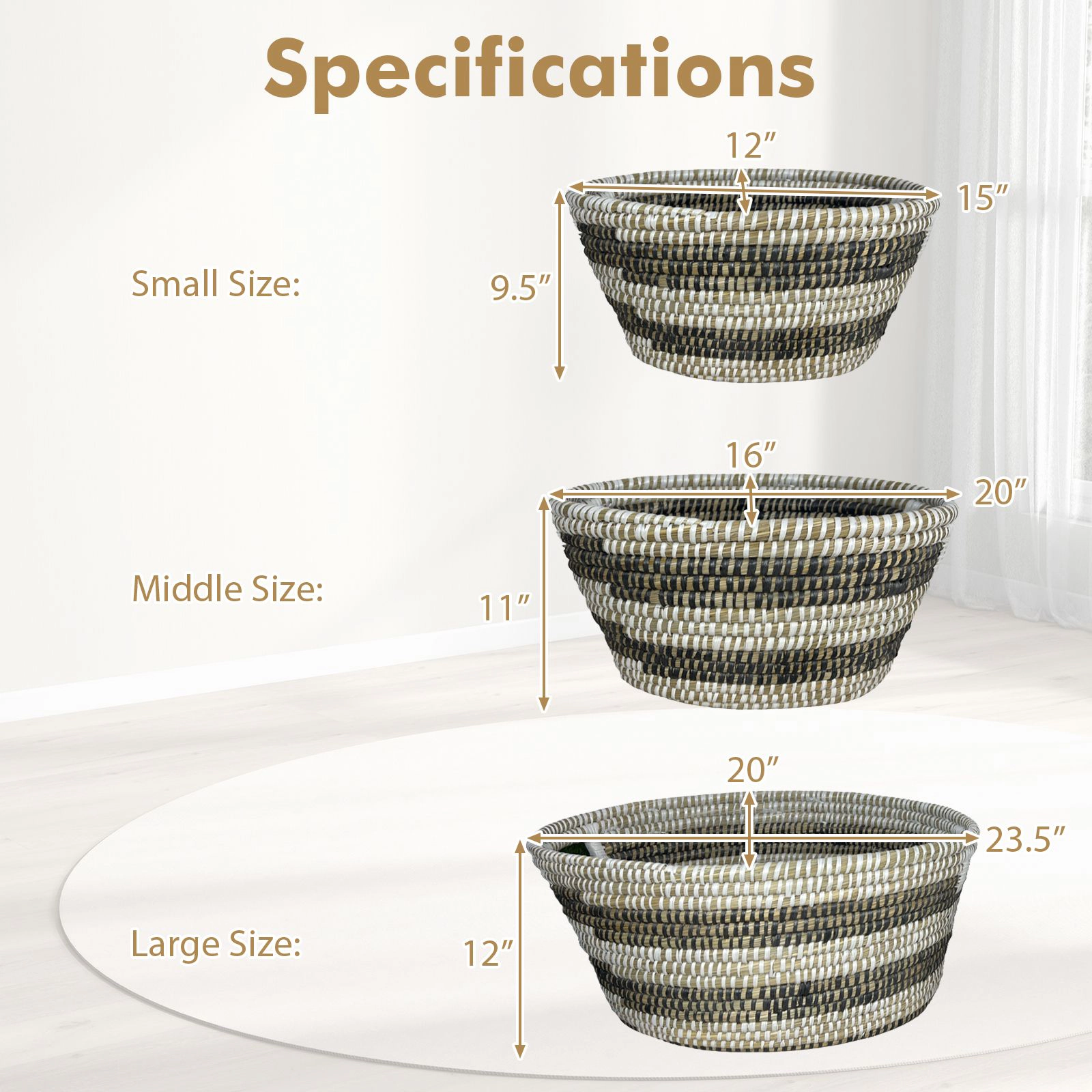 SlickBlue Woven Storage Basket Set, 3 Sizes with Carry Handles