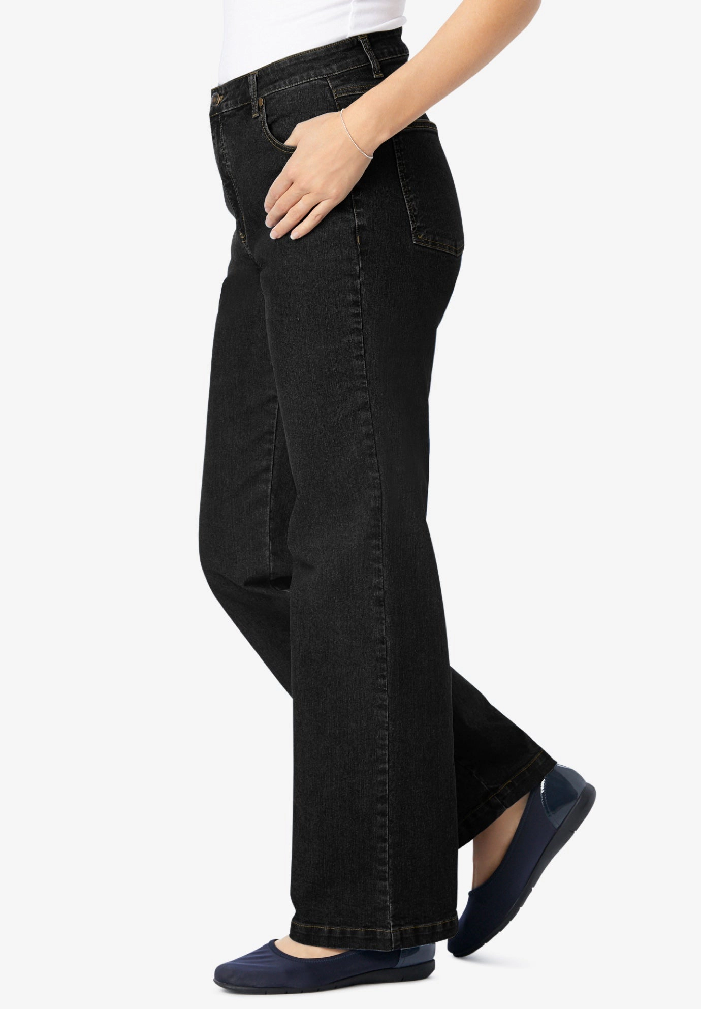 Woman Within Plus Stretch Denim Wide-Leg Five-Pocket Jeans