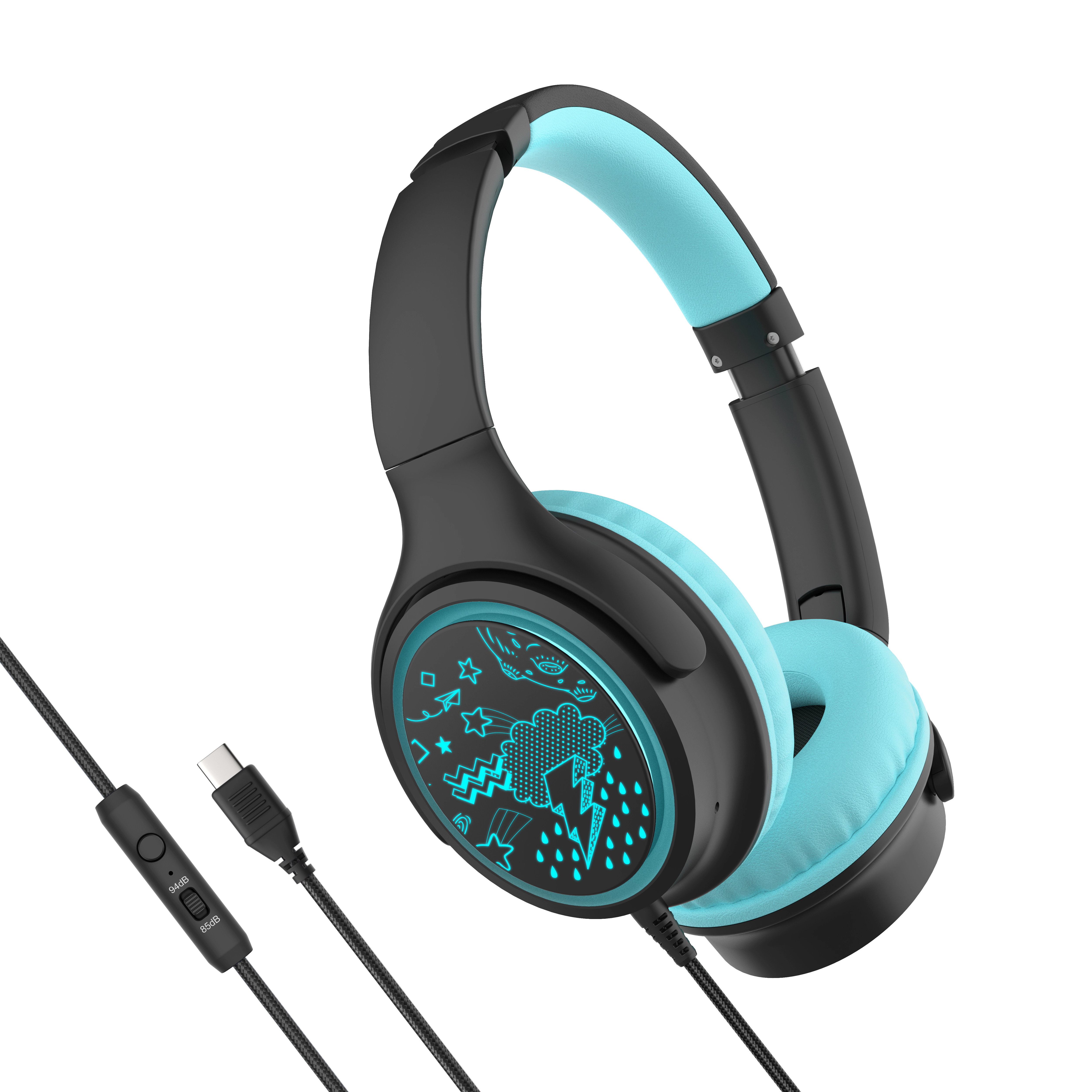 MEE audio KidJamz KJ65U Safe Listening USB-C Over-Ear Headphones for Kids with LED Lights
