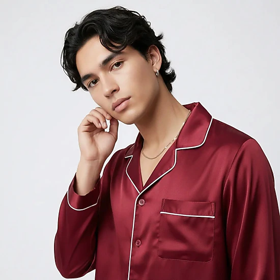 Anna-Kaci Men's 2-Piece Satin Pajamas with Contrast Piping and Button Up Top