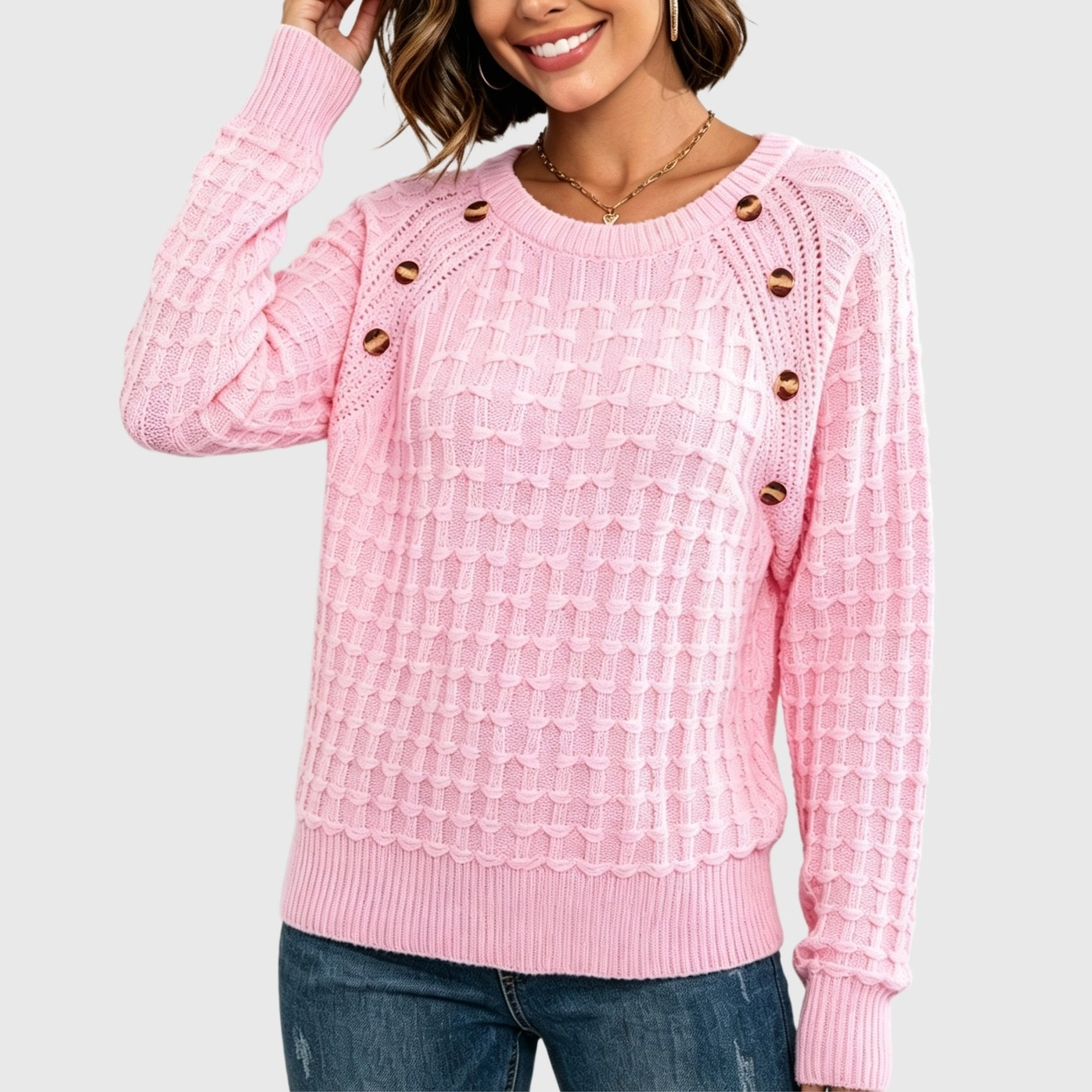 YesFashion Women's Button Front Cable Knit Pullover Sweaters Crew Neck Long Sleeve Textured Jumper Tops