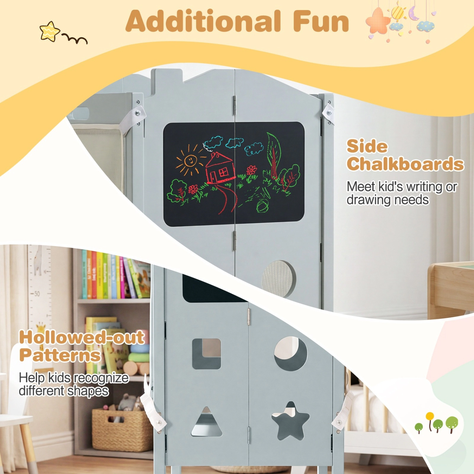 SUGIFT Foldable Toddler Standing Tower and 2-Step Stool with Chalkboards 110-lb Capacity Ages 2+ Gray/White