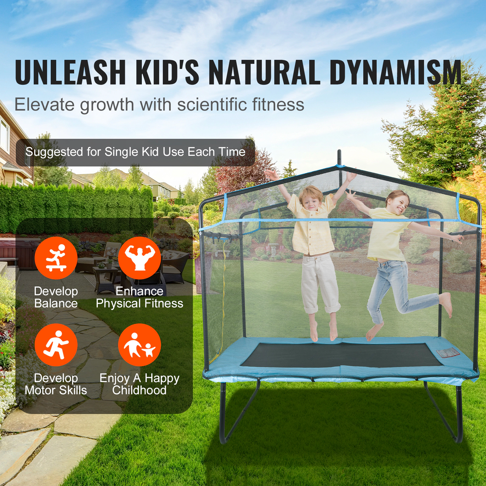 HONGGE 6FT Kids Trampoline with Safety Enclosure Net, Gymnastics Bar & Hammock, 220 lbs Capacity