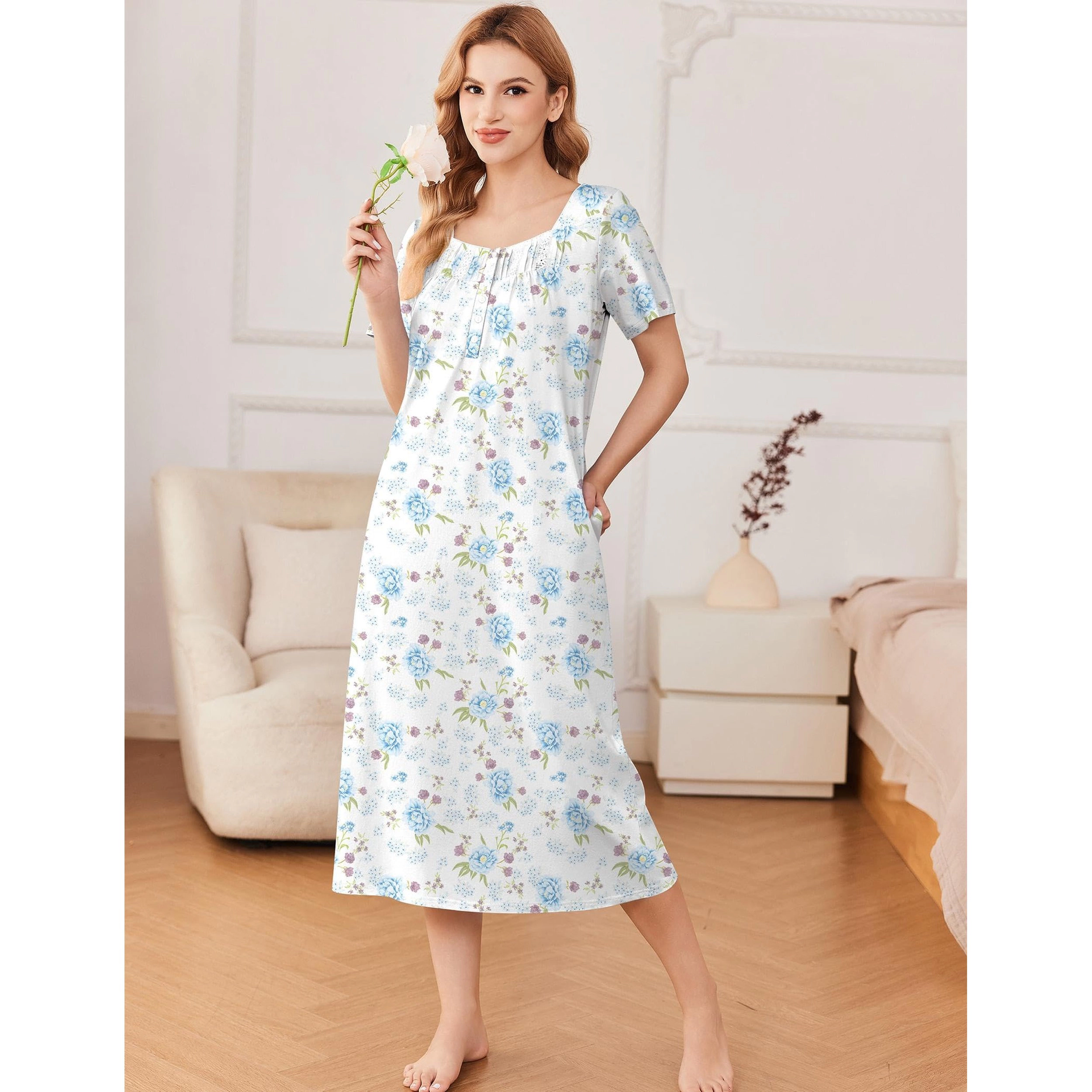 Ekouaer Women's Cotton Short-Sleeve Button-Front Lace-Trim Maxi Nightgown