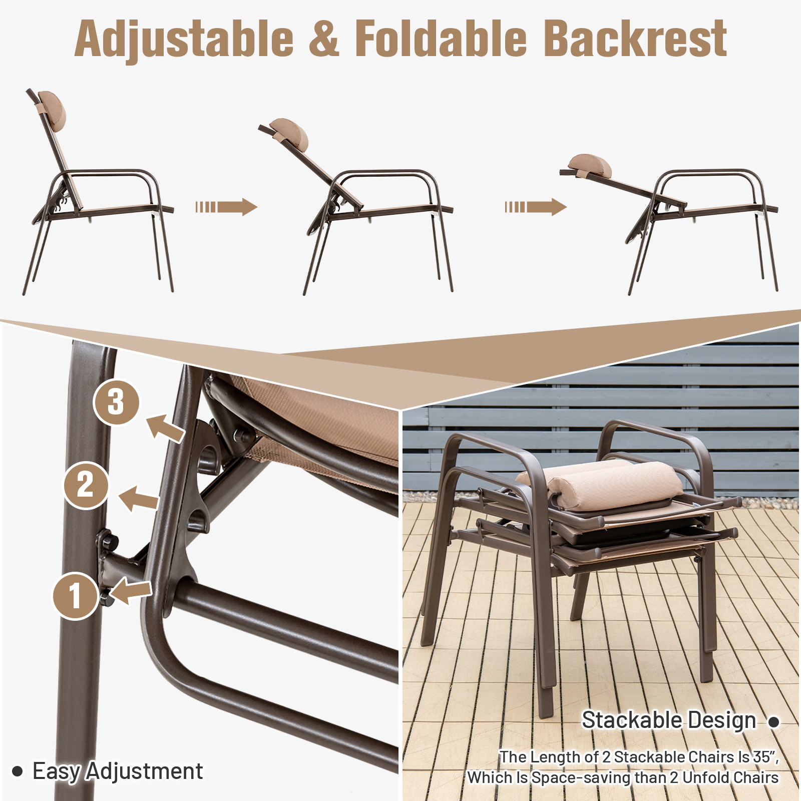 SUGIFT 3-Piece Black Patio Bistro Set, Folding Reclining Chairs and Tempered Glass Table