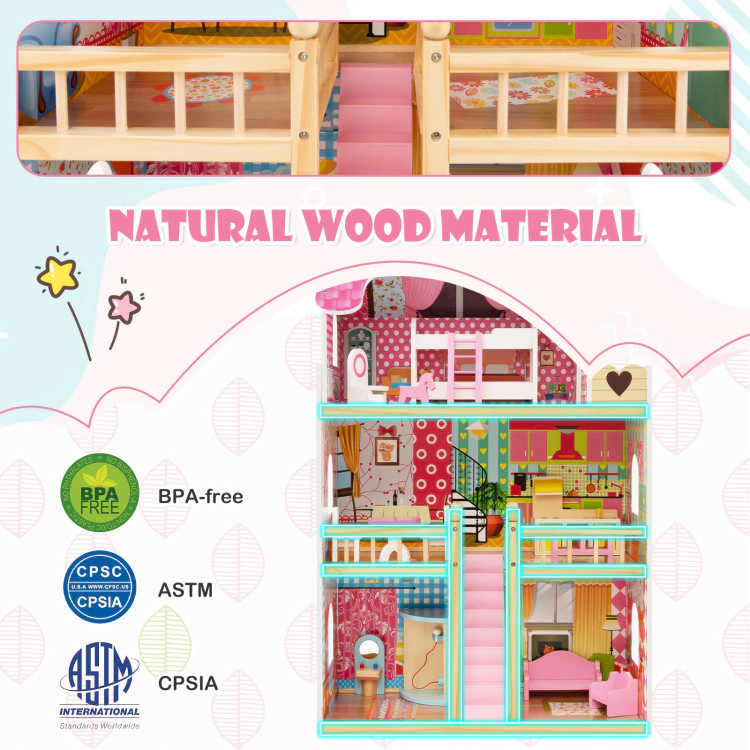 Hivvago Doll House Playset with 3 Stories and 6 Simulated Rooms and 15 Pieces of Furniture