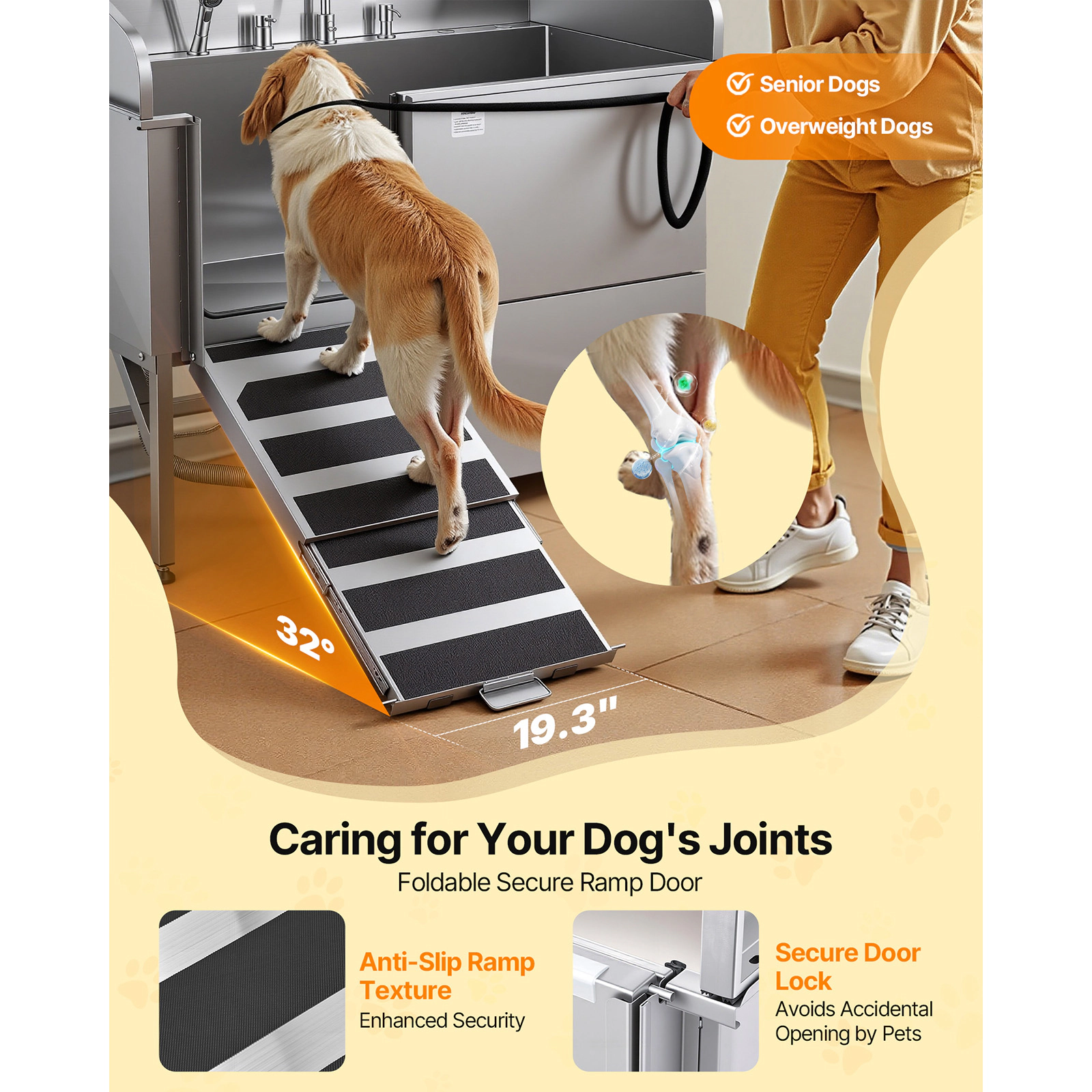 HONGGE 304 Stainless Steel Dog Washing Station, Pet Grooming Tub with Non-Slip Low-Slope Ramp, Storage Drawer
