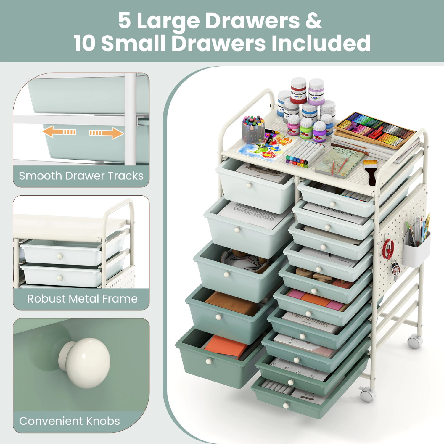 Hivvago Rolling Storage Cart with Pegboard