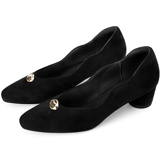 BLISSFUL STEP Women Faux Suede Square Toe Slip on Chunky Heel Low Heels Pumps