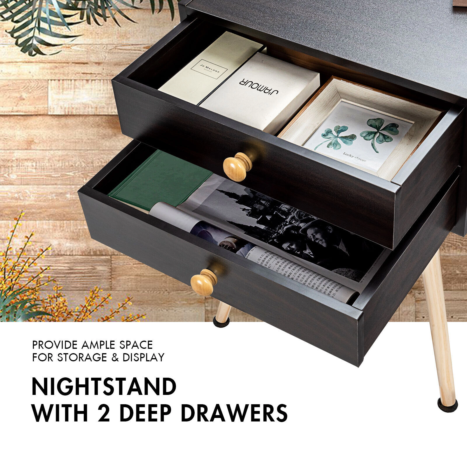 Hivvago Mid Century Modern 2 Drawers Nightstand in Natural