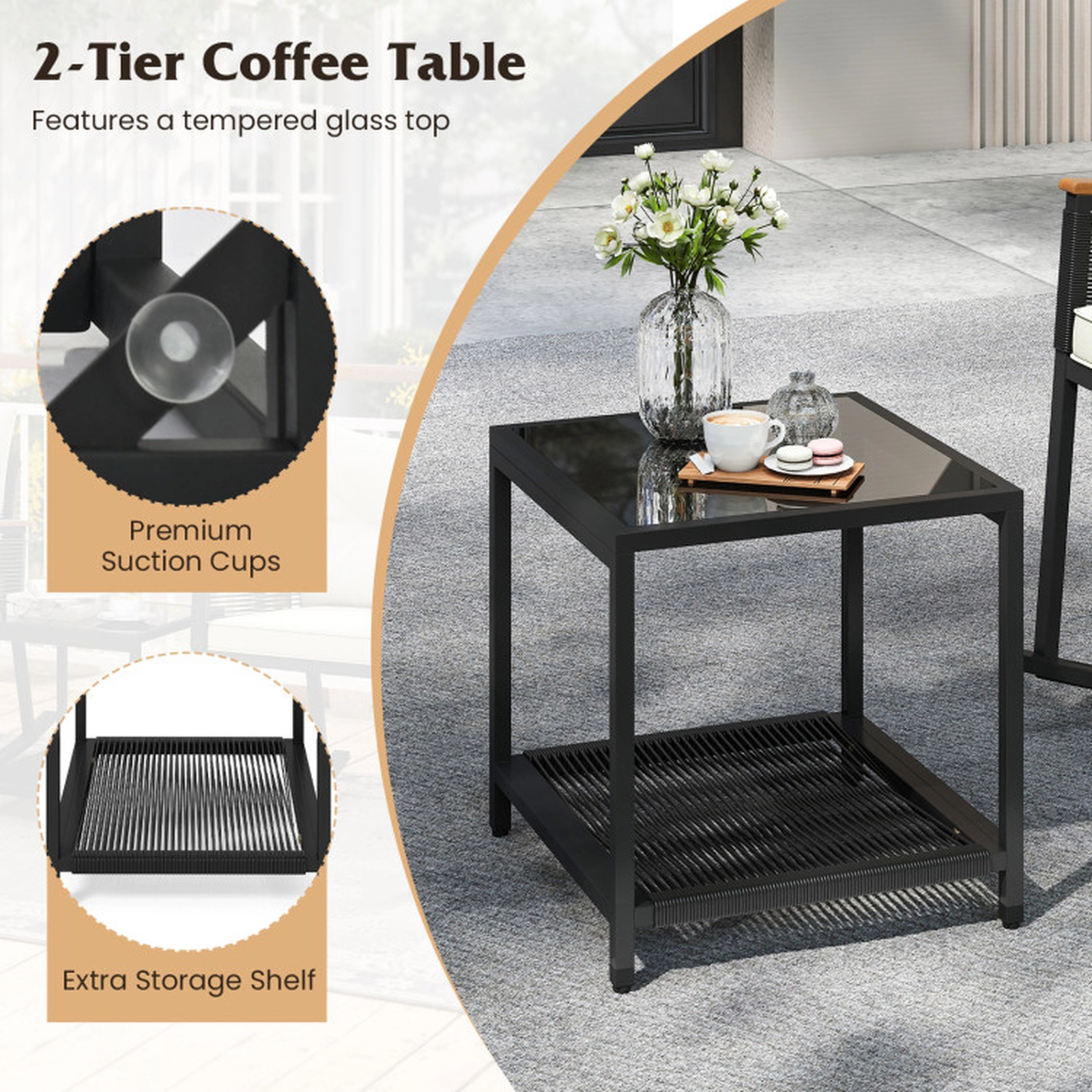 SUGIFT Rocking Bistro Conversation Set with 2-Tier Coffee Table 400-lb Chair Capacity Black Rattan Beige Cushions