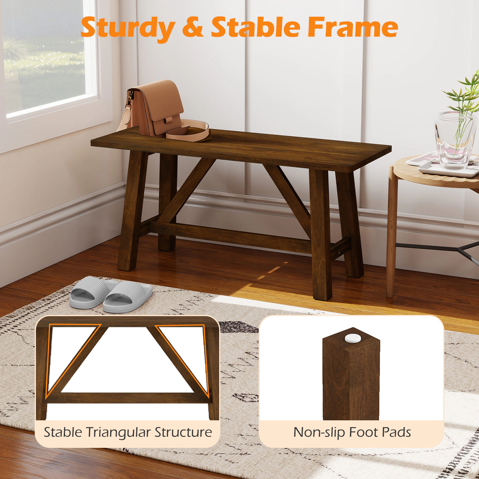 SUGIFT Compact 38-in Wooden Entryway Bench Farmhouse Dining Bench 400-lb Capacity Brown Rubber Wood 1-Piece