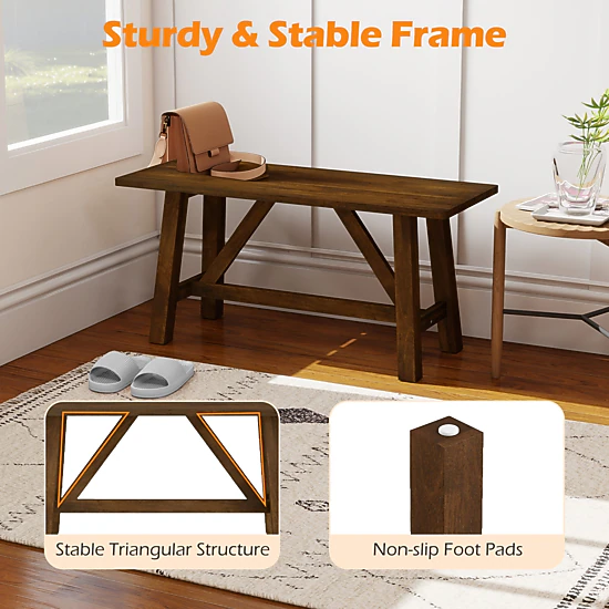 SlickBlue Unisex Wood Bench, Brown Rubber Wood Entryway Dining Seat