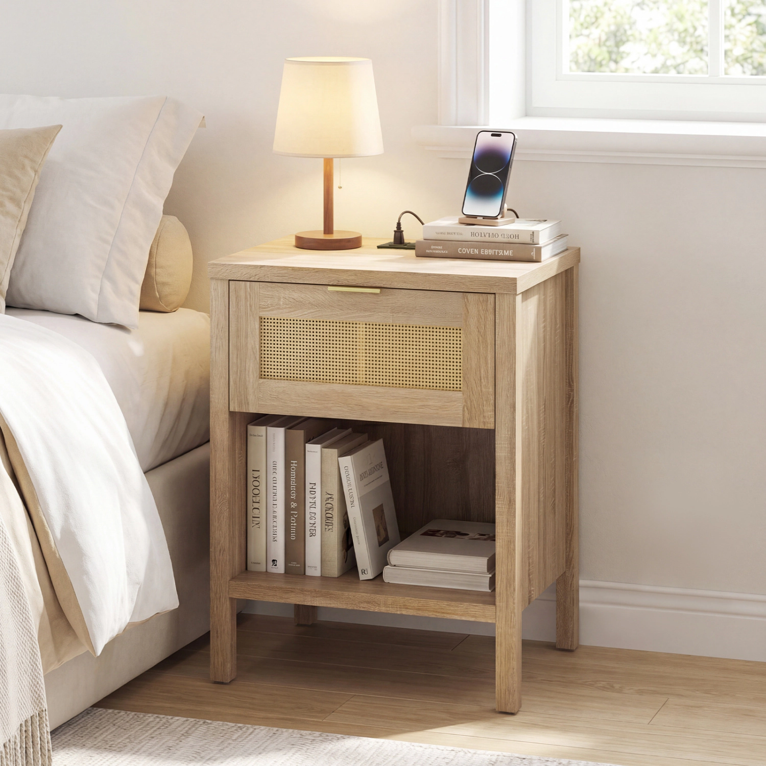 Hivvago Rattan Nightstand with Charging Station and Storage Shelf for Bedroom