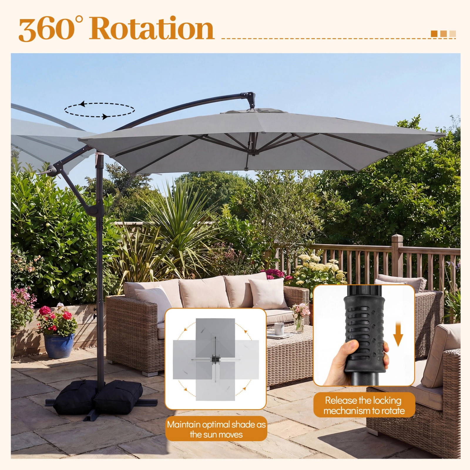 SUGIFT Gray 8 x 8 ft Square Offset Cantilever Patio Umbrella with 360 Degree Rotation
