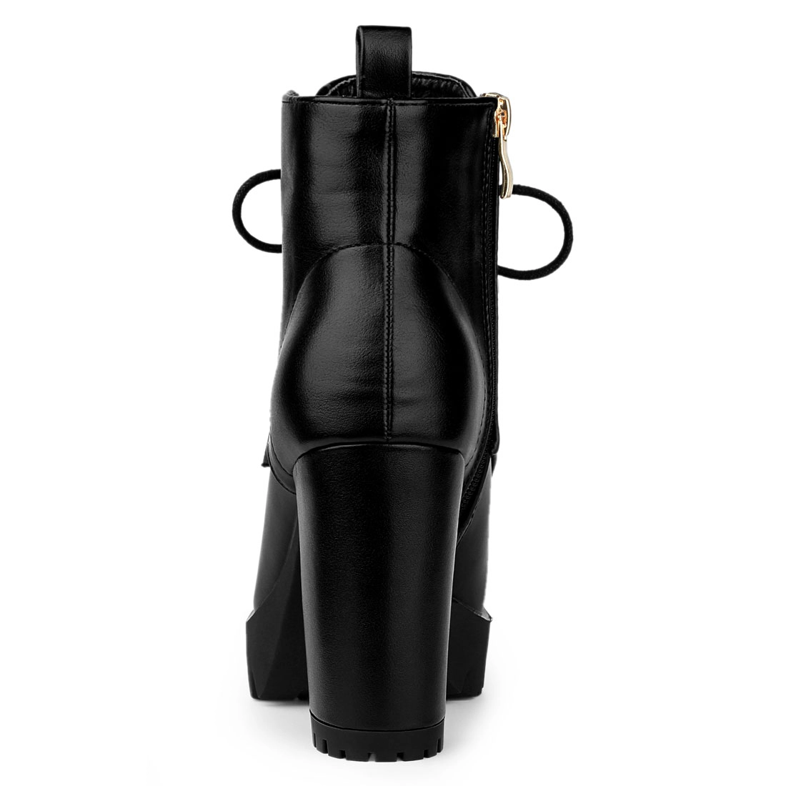 BLISSFUL STEP Women Round Toe Chunky Heel Lace Up Platform Ankle Boots