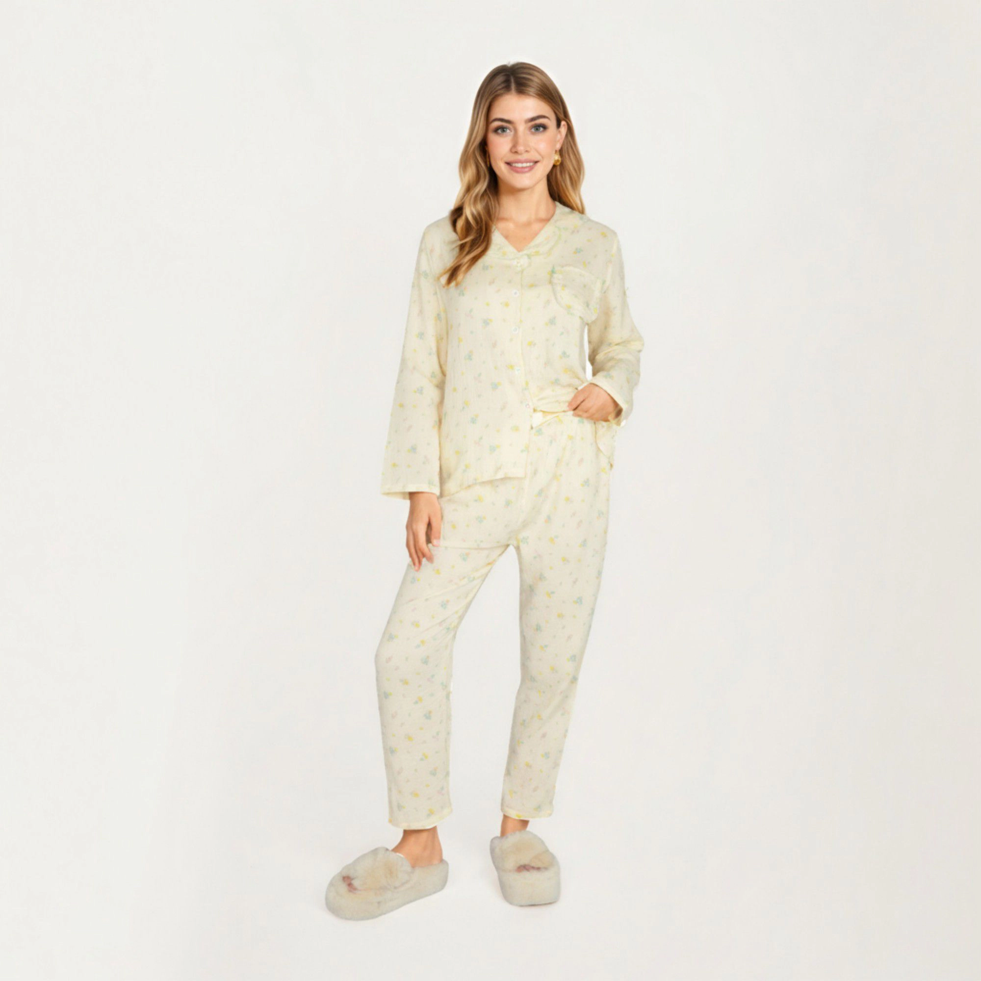 Anna-Kaci Women's 2-Piece Button Front Pajama Top with Ruffled Collar and Relaxed Fit Pants