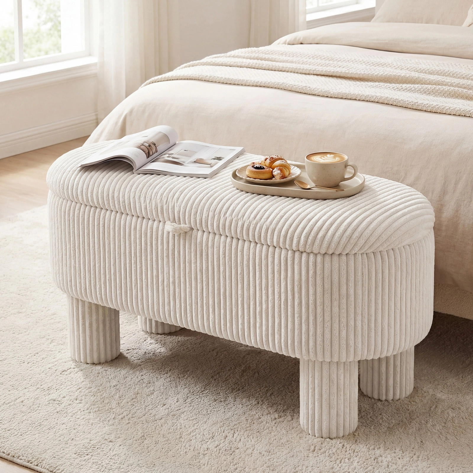 SUGIFT 42-in Corduroy Upholstered Storage Ottoman Bench Hidden Compartment 400-lb Seat Capacity 110-lb Compartment