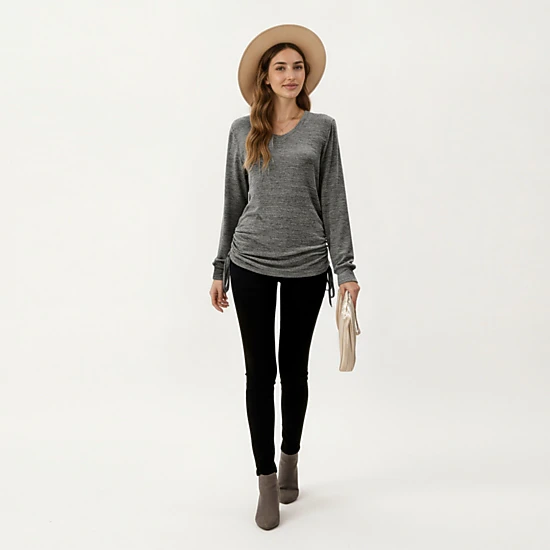 Anna-Kaci Women's V-Neck Side Drawstring Ruched Hem Long Sleeve Knit Top