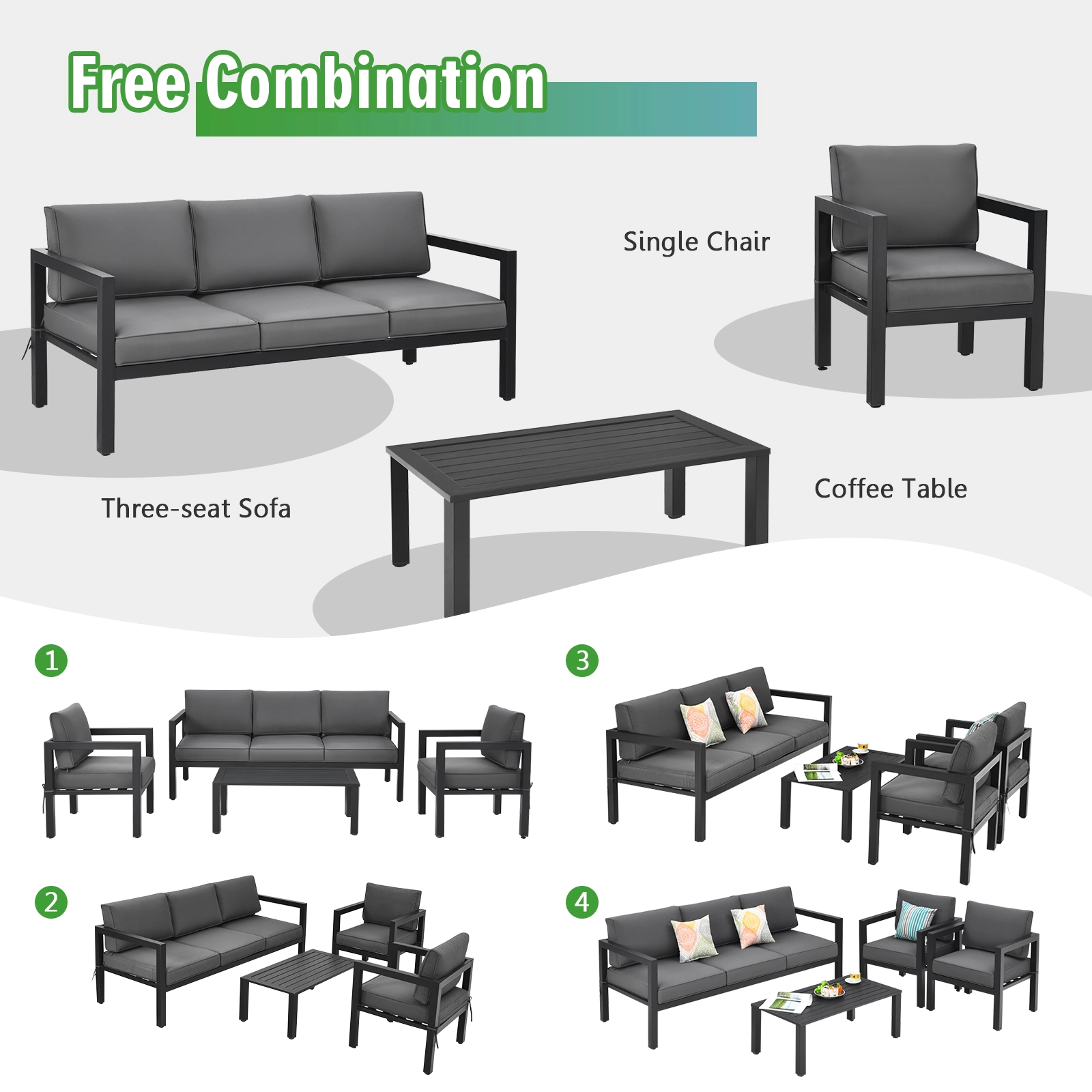 SUGIFT Gray 3-Seat Sofa 2 Chairs and Table 4-Piece Outdoor Aluminum Sofa Set
