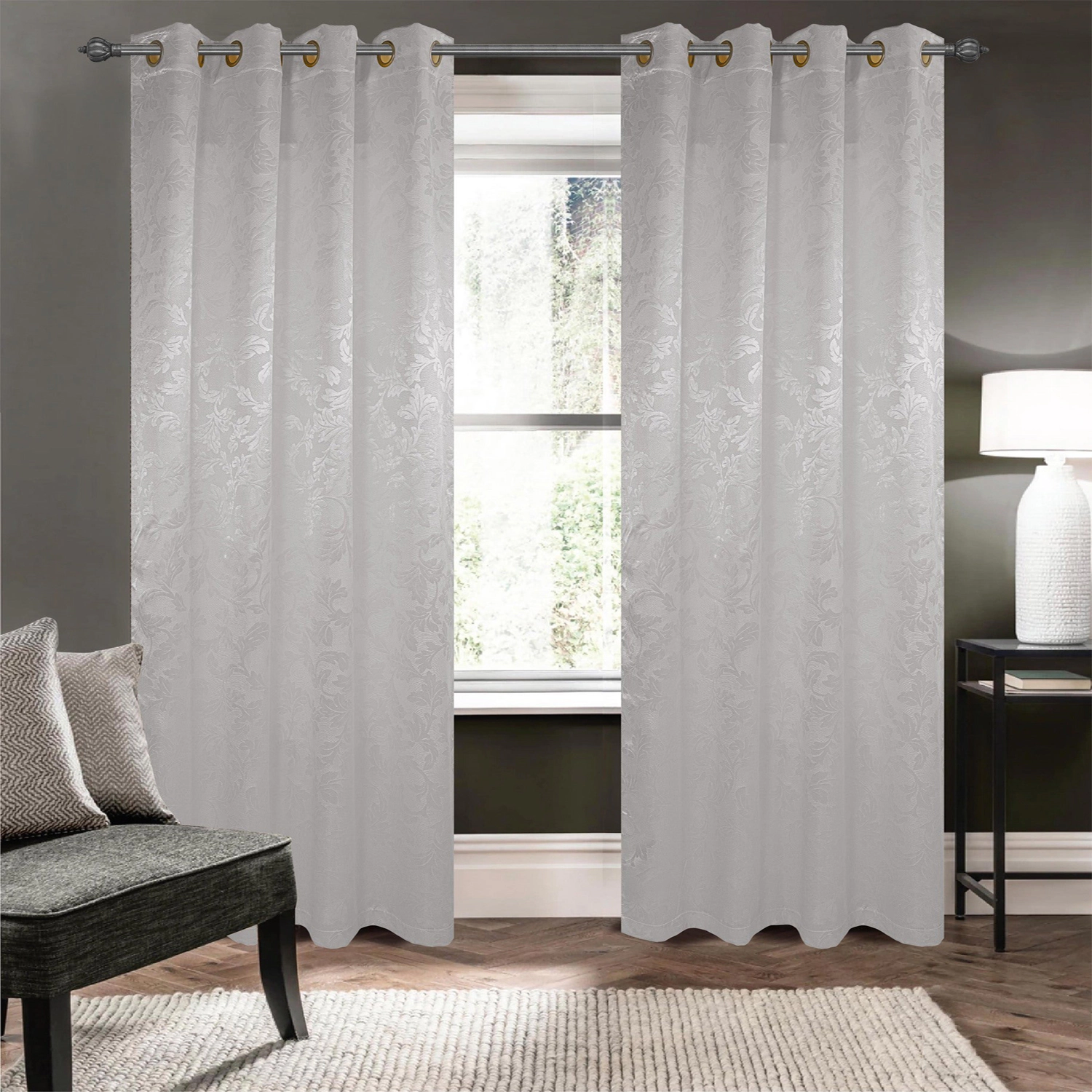 Olivia Gray 100% Polyester 200 GSM Dyson Embossed Blackout Grommet Curtain Panel 54" x 84" Silver