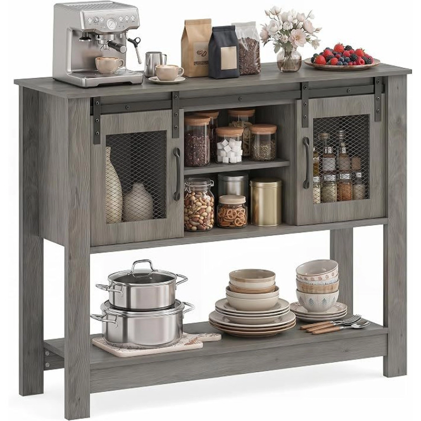 SUGIFT 40-in 150-lb Capacity Gray Console Table with 2 Sliding Barn Doors Mesh Accents and Adjustable Shelf