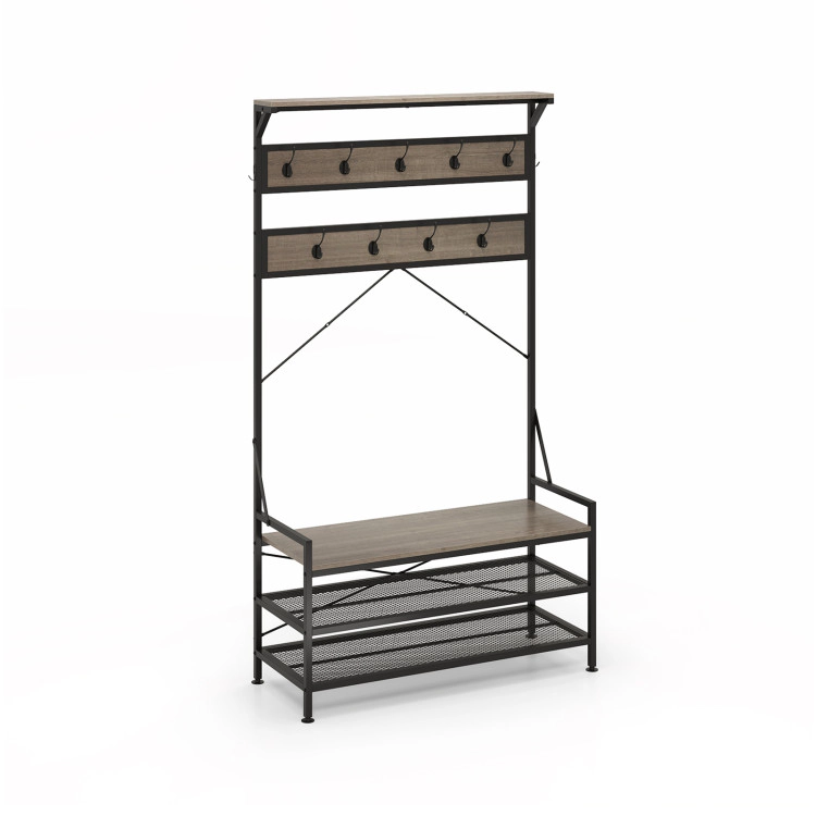 Hivvago Coat Rack 4-In-1 Hall Tree with 11 Hanging Hooks Shoe Bench-Gray