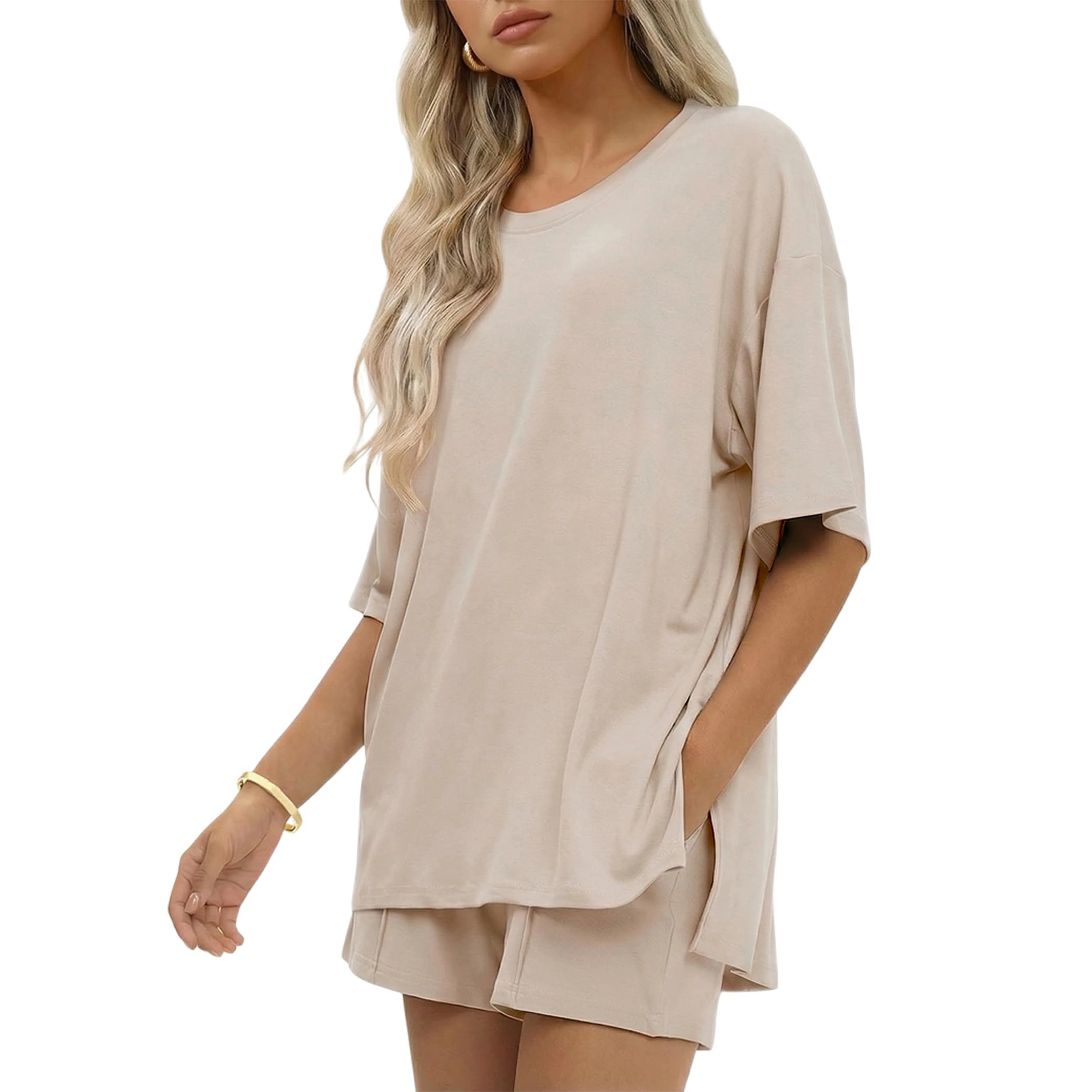 Ekouaer Womens Cotton Two Pieces Short Sets Summer Sleeve Outfits Casual Matching Lounge Set