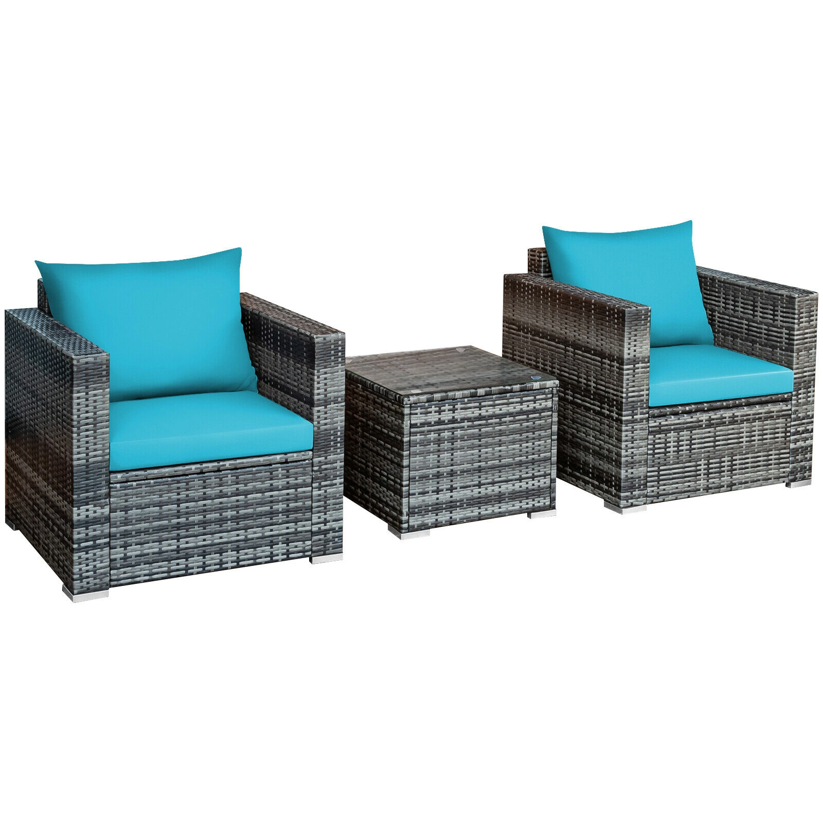 SUGIFT 3-Piece Gray Rattan Patio Conversation Set with 2 Sofa Chairs and Glass Coffee Table