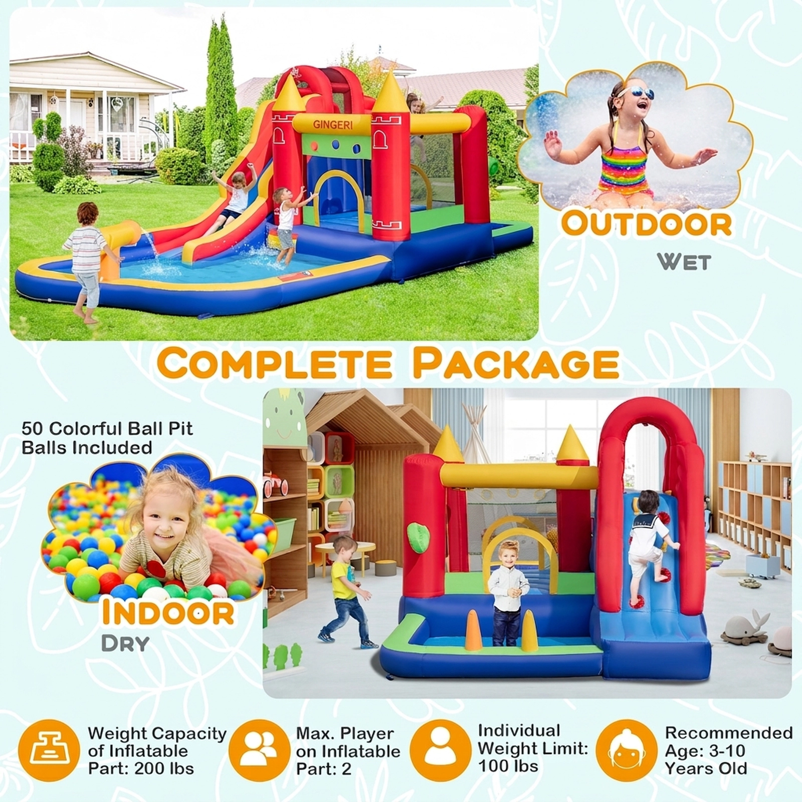 SUGIFT Water Slide Ball Pit and 735W Blower 9-in-1 Kids Inflatable Bounce Castle