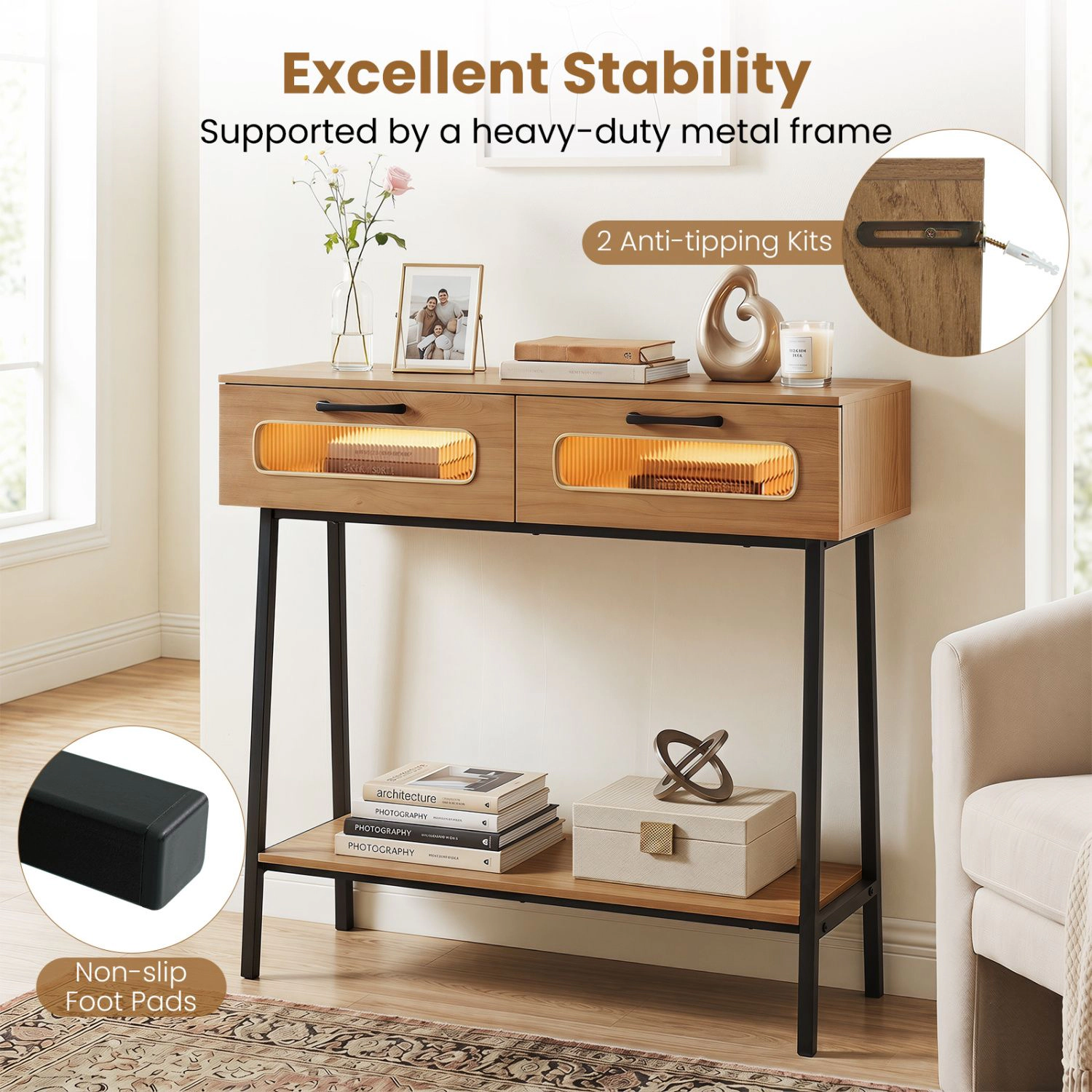 SlickBlue LED Console Table with Drawers and Storage Shelf