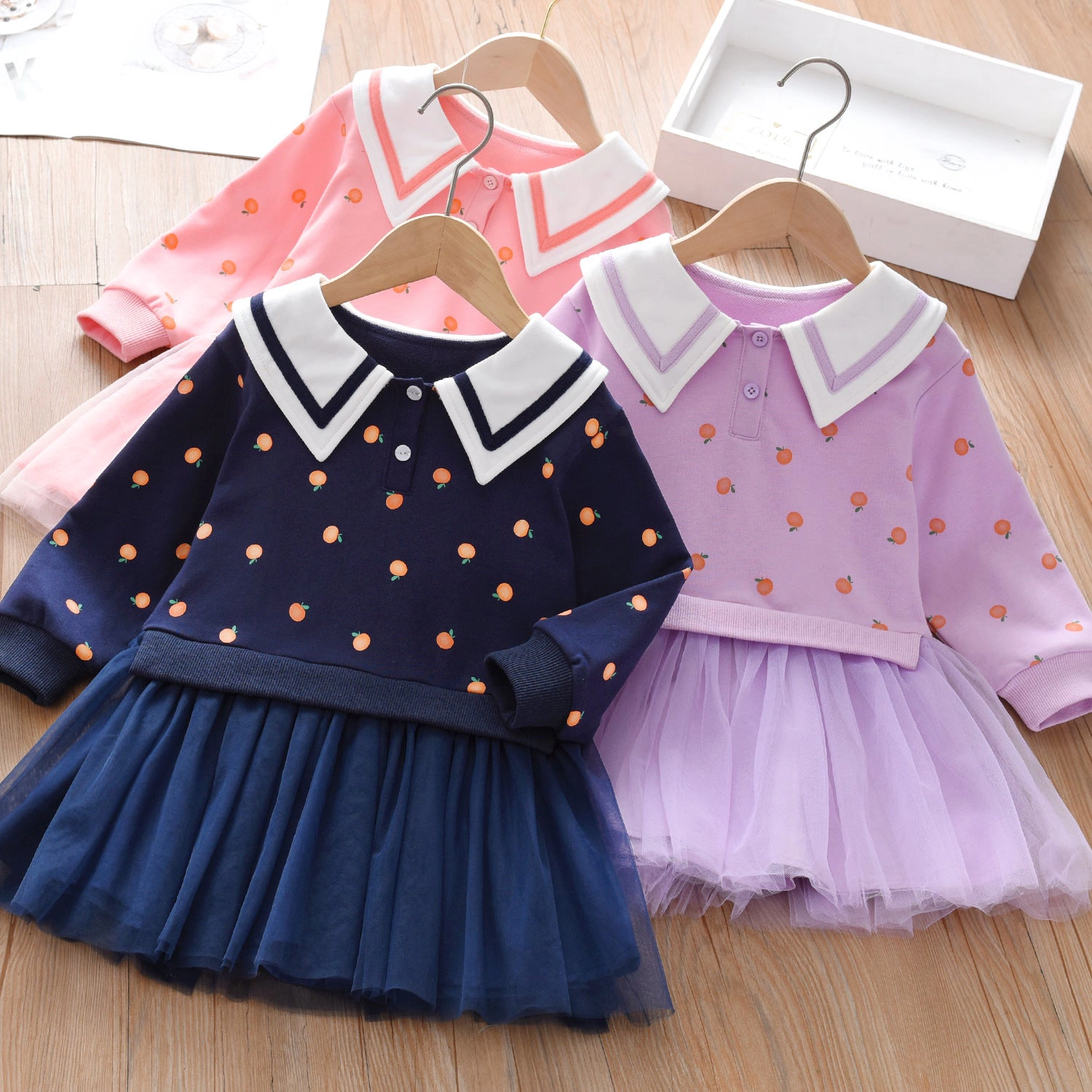 MyKids-USA Baby Girl Fruit Pattern College Style Lapel Design Mesh Patchwork Dress
