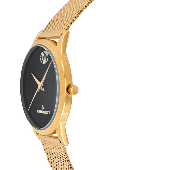 Peugeot Men's 40mm Wafer Slim Black Dial Gold Plated Case Watch with Mesh Band