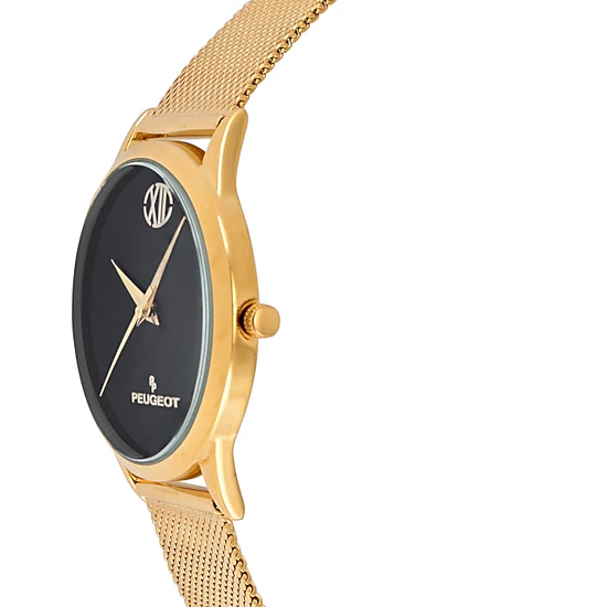 Peugeot Men's 40mm Wafer Slim Black Dial Gold Plated Case Watch with Mesh Band