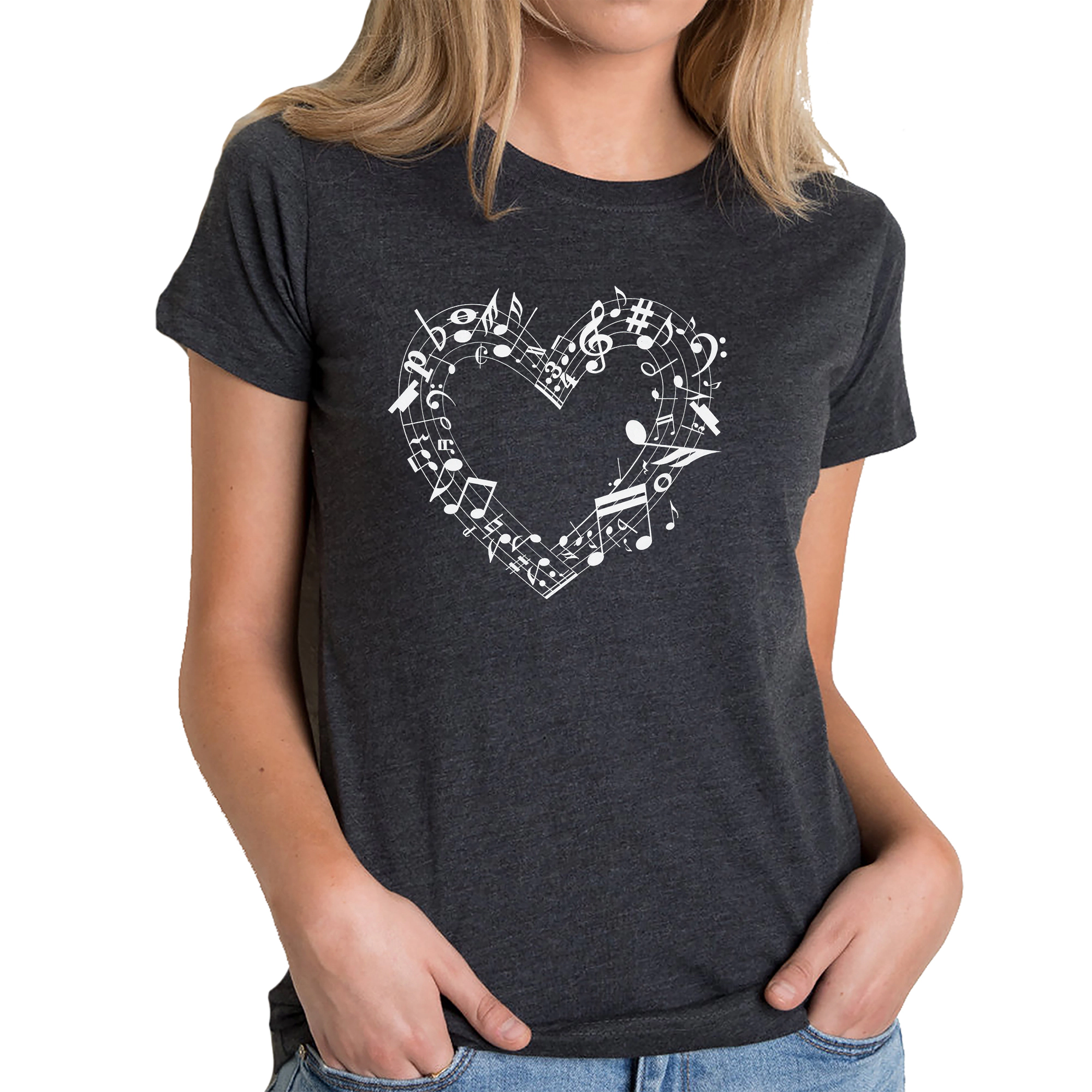 LA Pop Art Women's Cotton/Poly Blend Word TShirt - Sheet Music Heart