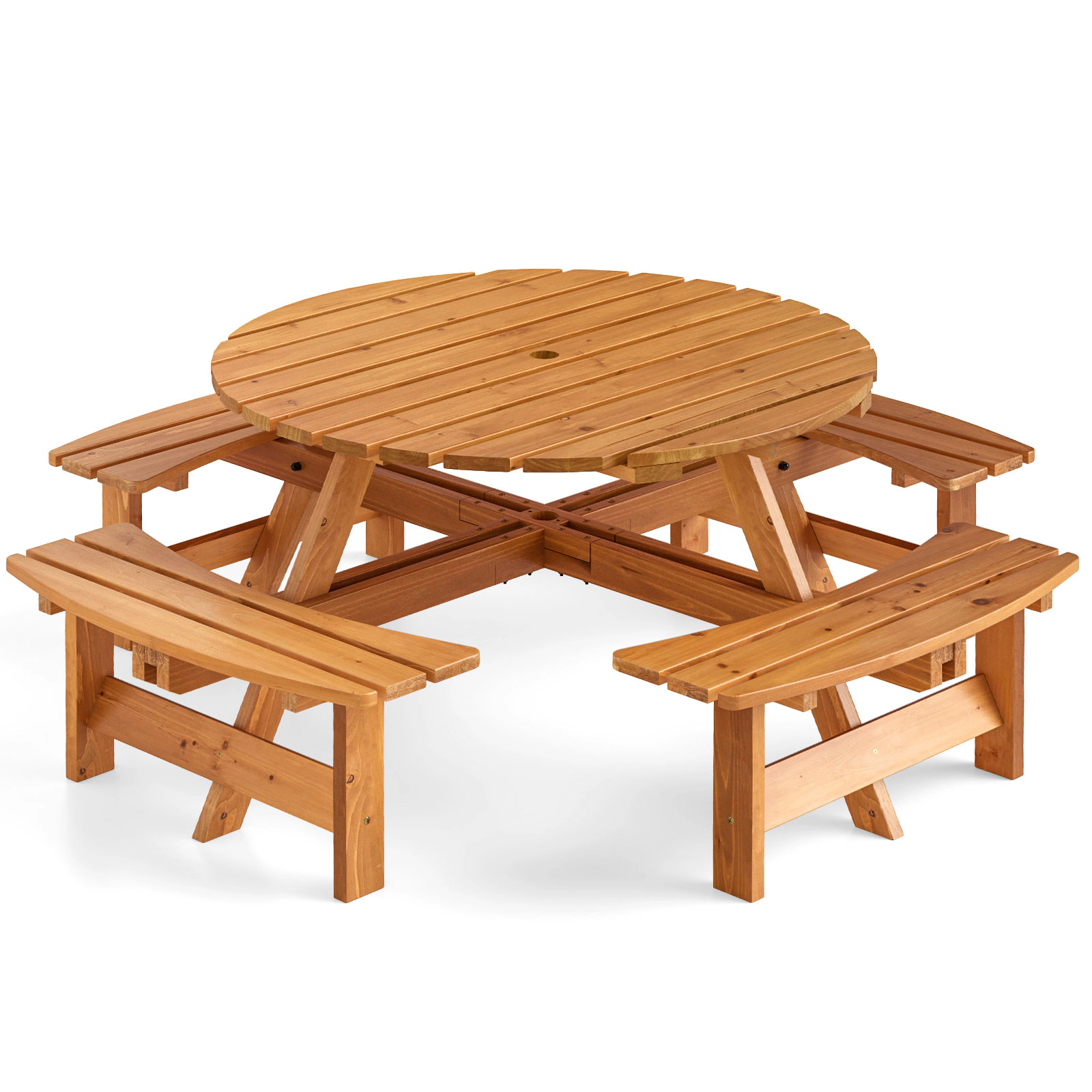 SUGIFT 8-Person Round Fir Wood Picnic Table with 4 Benches and Umbrella Hole