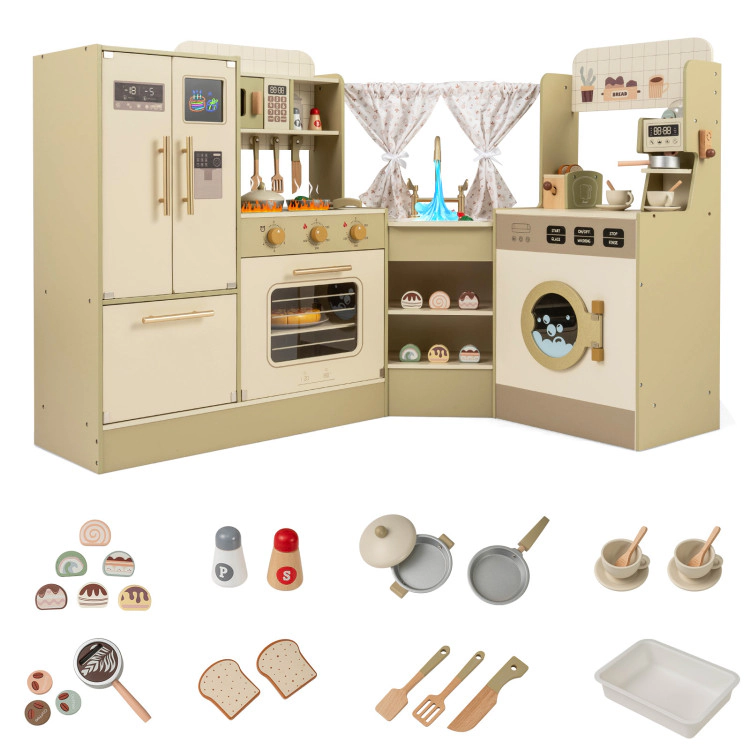 Hivvago Kids Corner Play Kitchen with Faucet and Dishwasher and Stoves