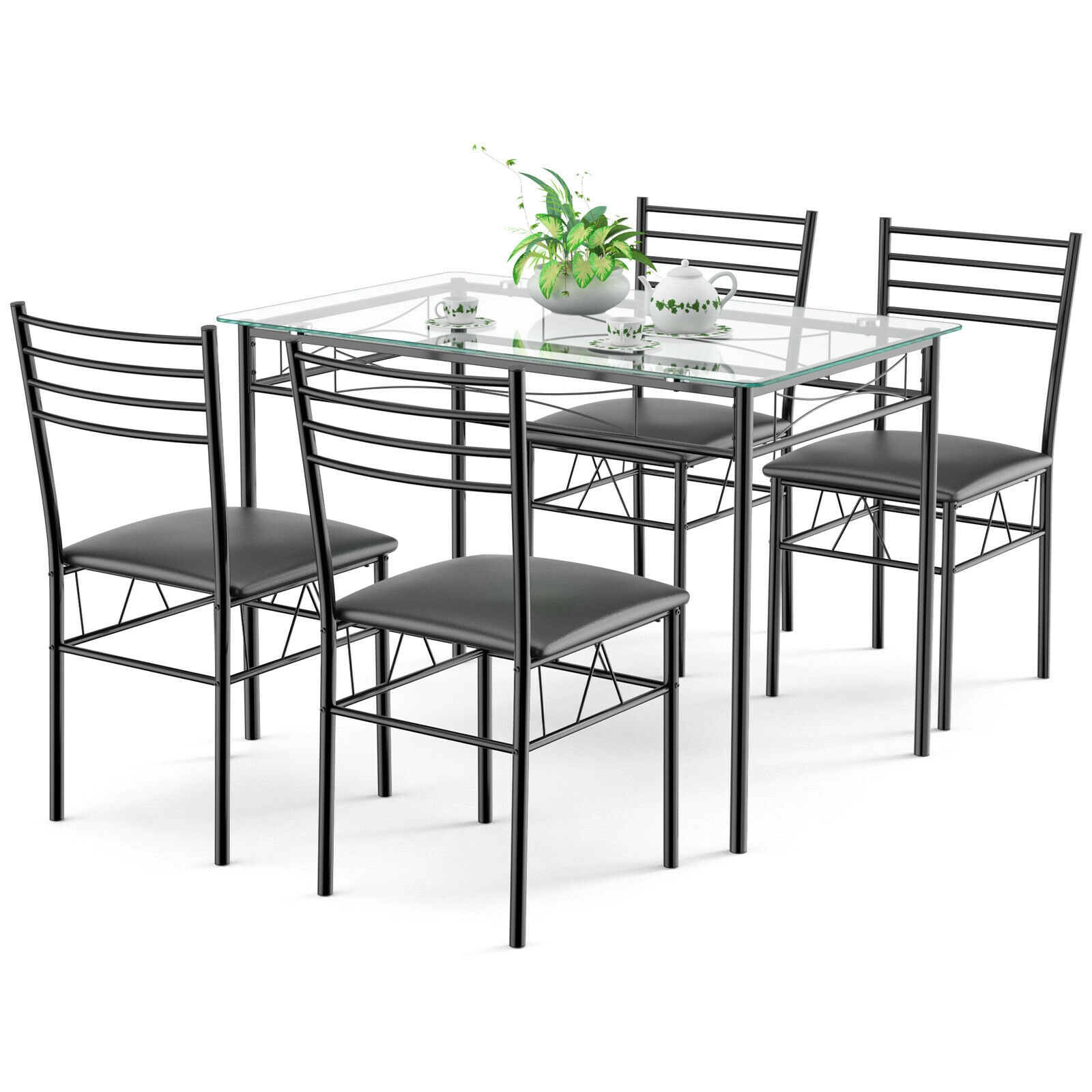 LJG 5 Pieces Dining Set with Tempered Glass Top Table and 4 Upholstered Chairs