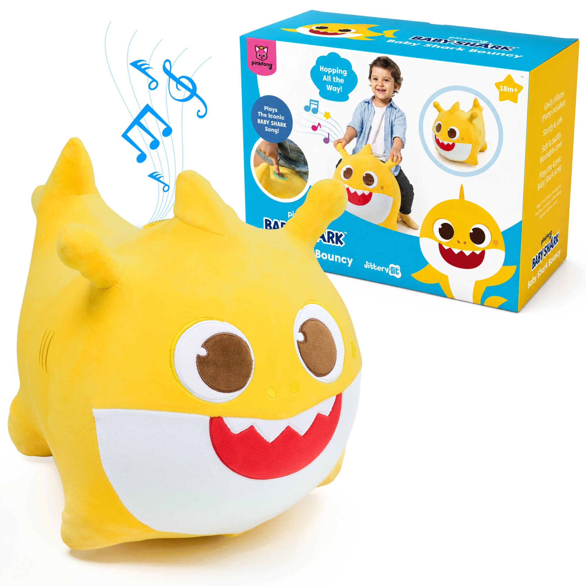Pinkfong Kids Baby Shark Musical Bouncy Ride-On Toy - Soft Plush Hopper with Iconic Song