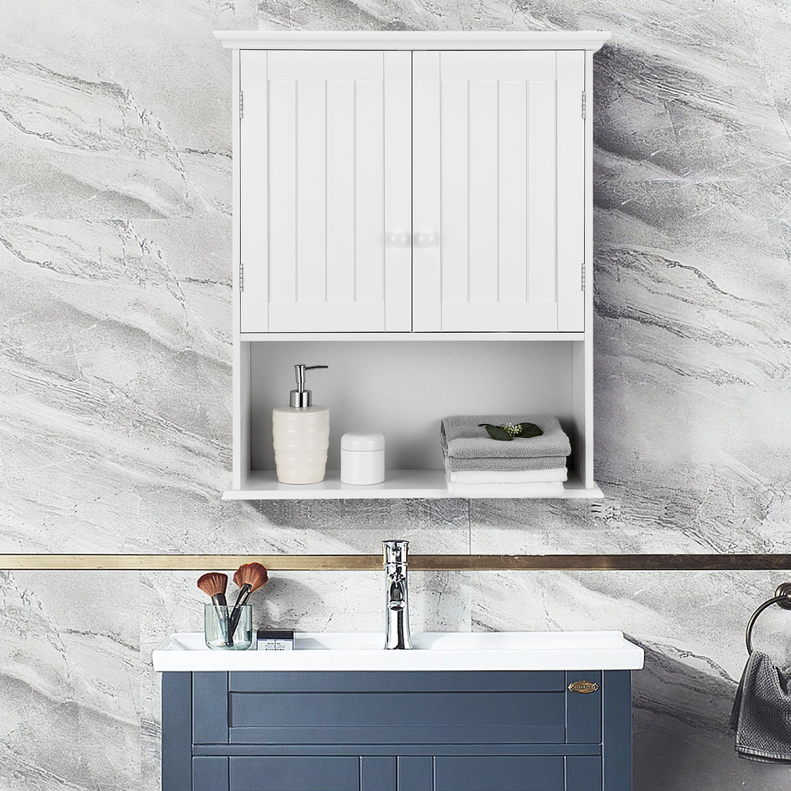 SUGIFT 2-Door Wall Mount Open Shelf MDF Bathroom Storage Cabinet 23.5-in x 8-in x 28-in 11-lb per Tier White