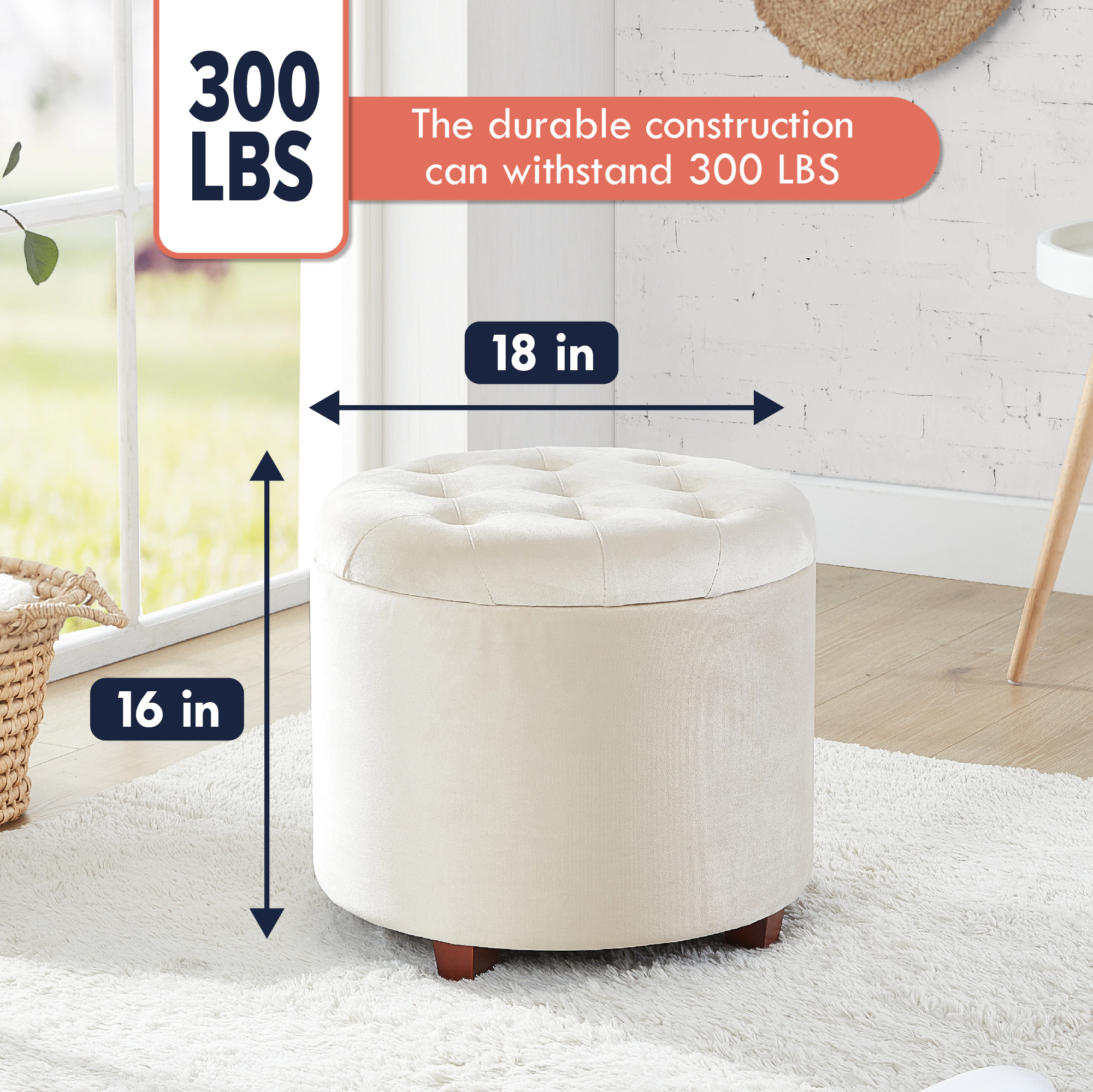 Ornavo Home Velvet Upholstered Round Tufted Storage Ottoman with Wooden Legs