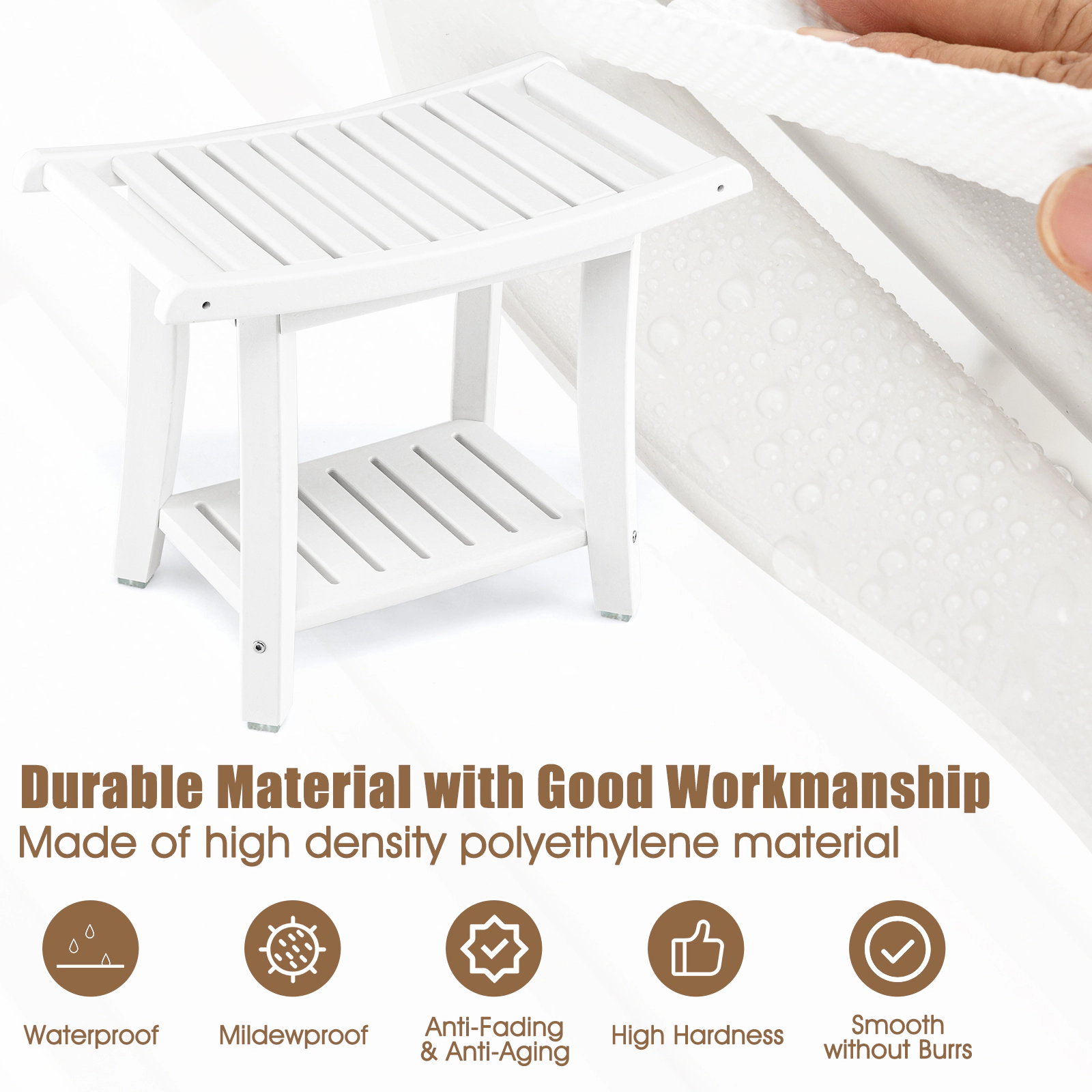 SUGIFT Waterproof 2-Tier HDPE Bath Stool Curved Slatted Seat 330-lb Top 66-lb Shelf Capacity 24 x 13.5 x 19-in White