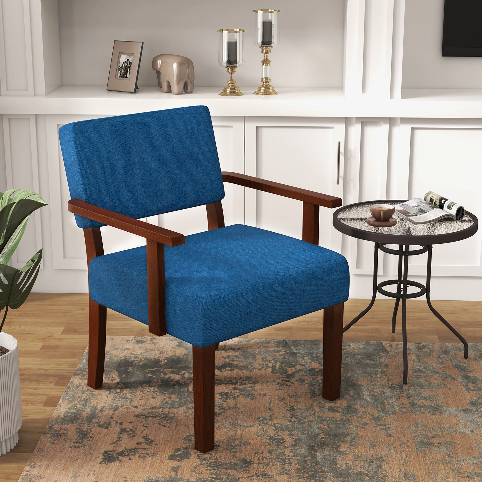 SUGIFT Blue Linen Upholstered Club Armchair with 6-Inch Padded Seat, Rubber Wood Frame