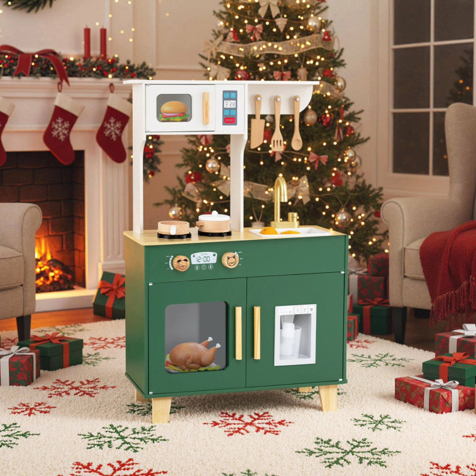 SUGIFT Kids Play Kitchen Wooden Playset with Microwave Ice Dispenser and 5 Accessories