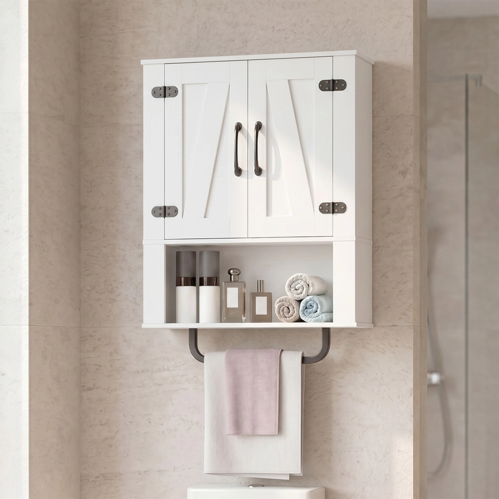 SUGIFT White 11-lb Per Shelf 2-Barn-Door Wall Mounted Bathroom Storage Cabinet with Towel Bar and 3-Tier Shelves