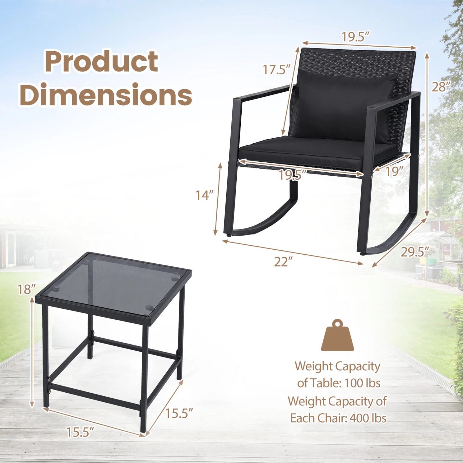 LJG 3-Piece Outdoor Rocking Bistro Set with Soft Cushions and Tempered Glass Table