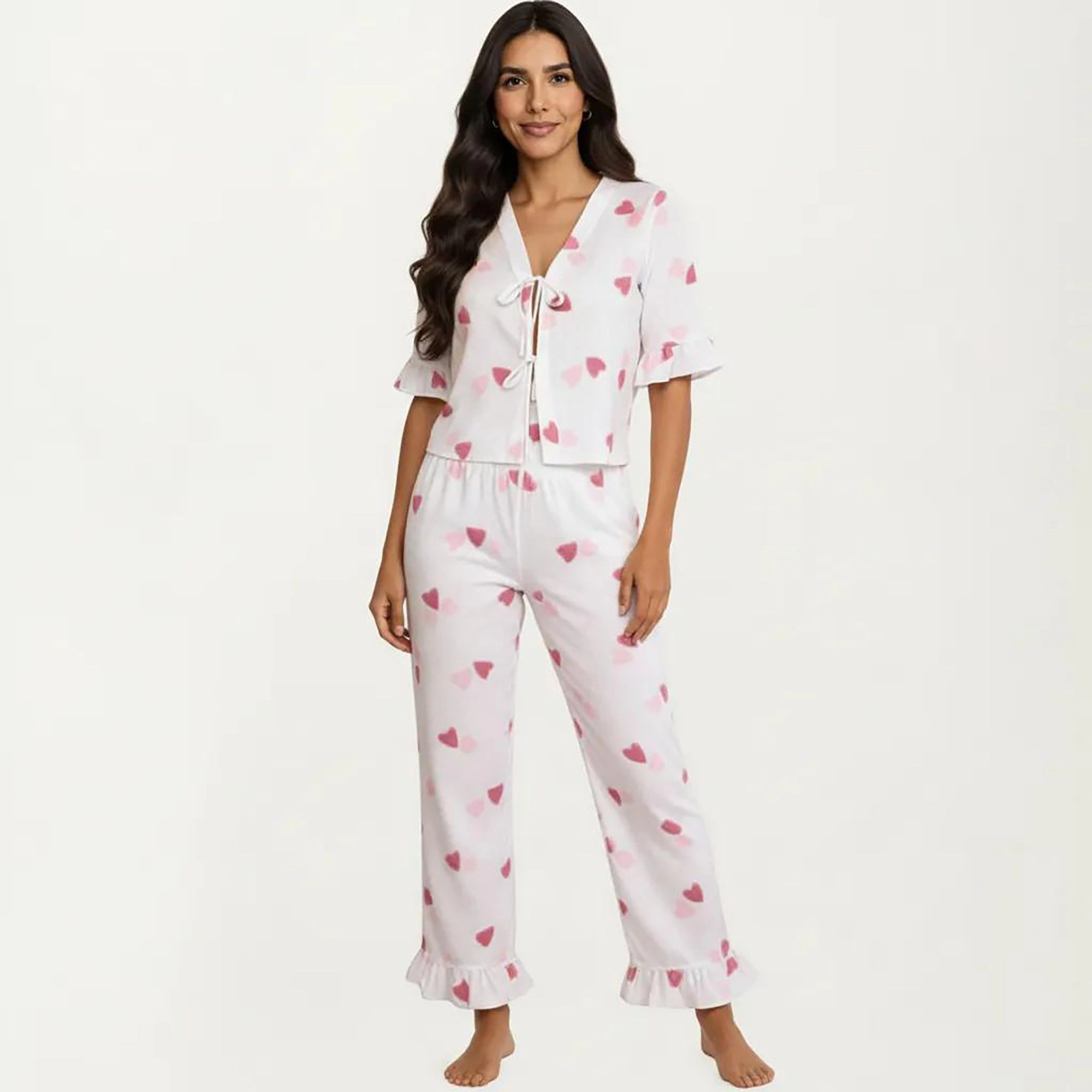 Anna-Kaci Women's 2-Piece V Neck Tie Front Pajama Top with Ruffle Sleeve Detail and Relaxed Fit Pants