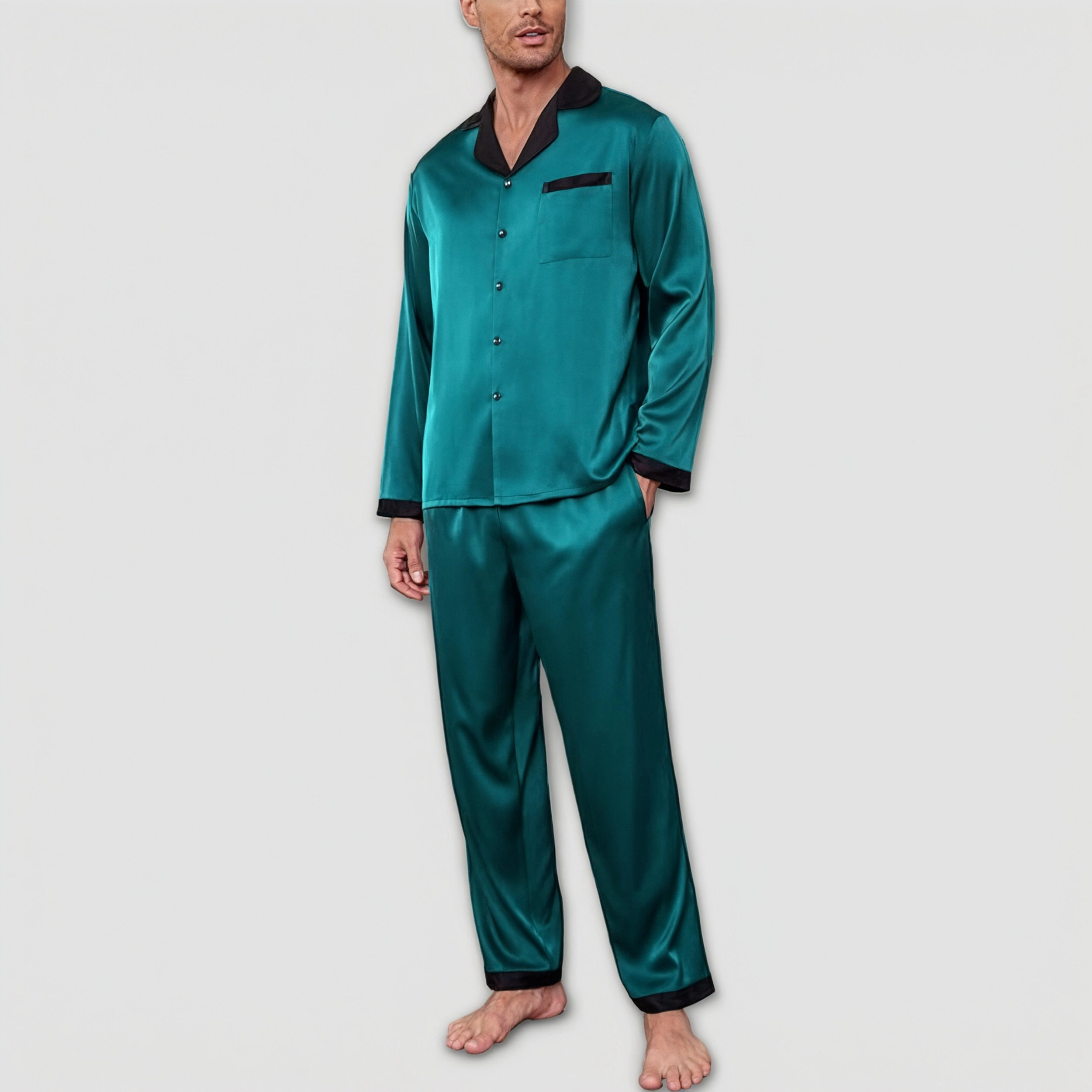 Ekouaer Mens Pajama Set Long Satin Loungewear Two Piece Pajamas Classic Button Down Sleepwear
