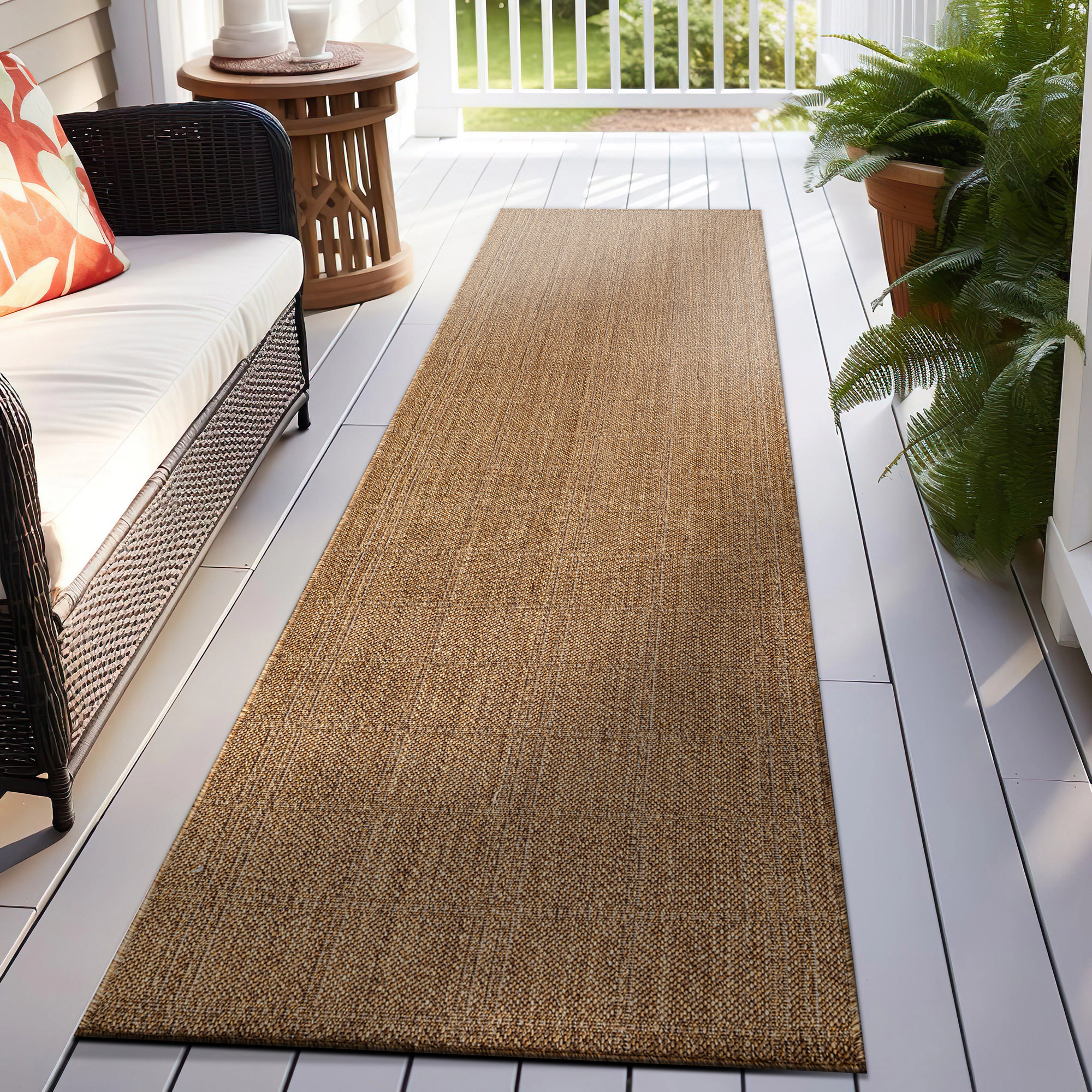 World Rug Gallery Plaid Indoor/Outdoor Flat Woven - Natural Jute-Style, Easy-Care Patio for Backyard Porch Deck