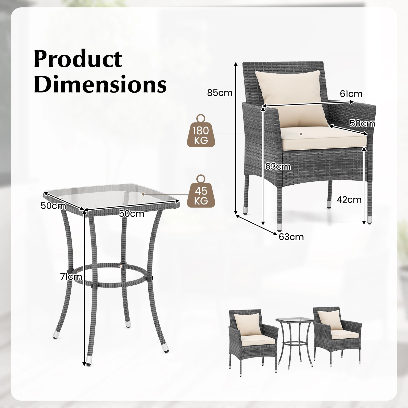SUGIFT 3-Piece PE Rattan Patio Conversation Set with Cushioned Chairs and Tempered Glass Table 400-lb Chairs Off White